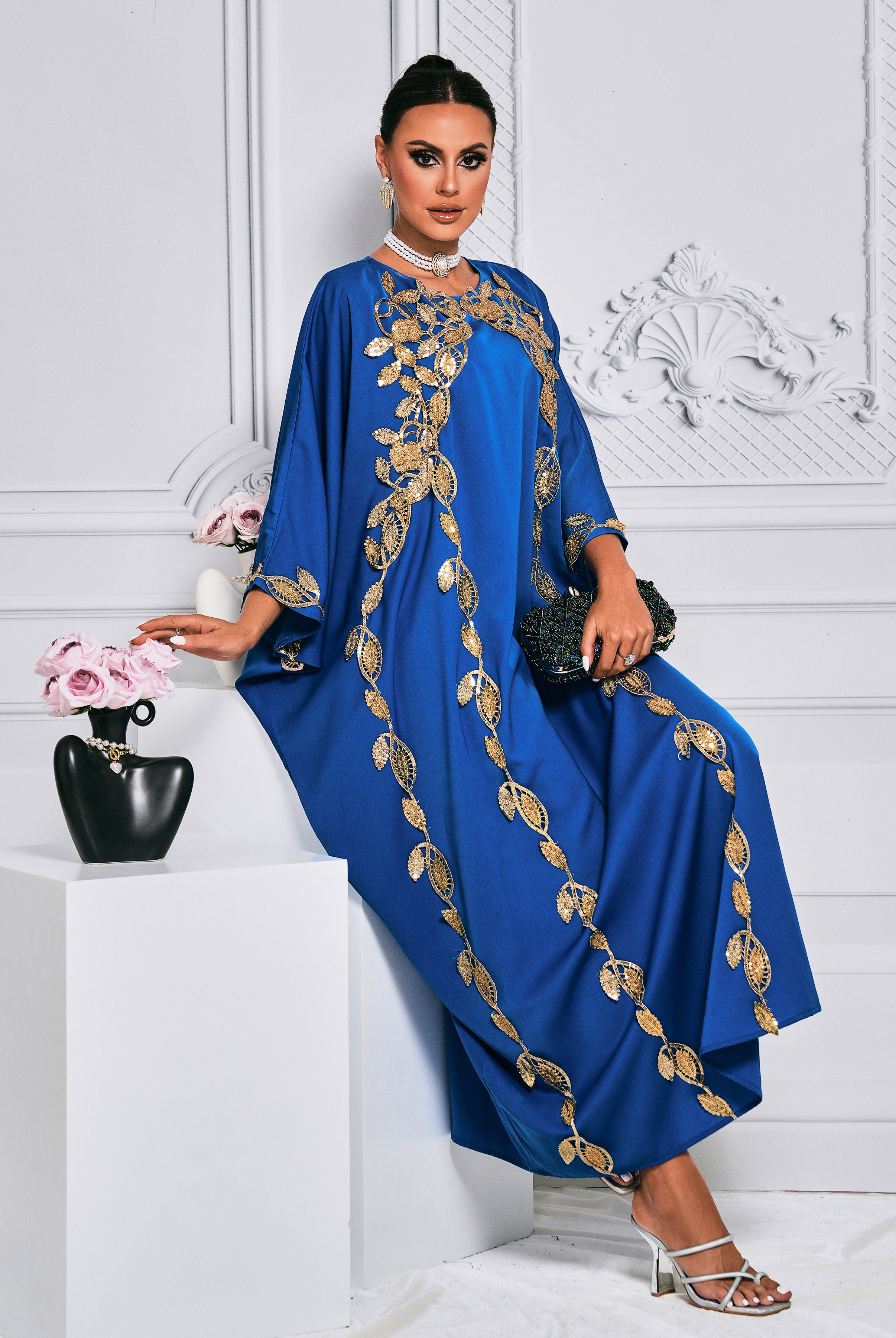MISSORD Bat Cape Embroidered Applique Muslim Dress