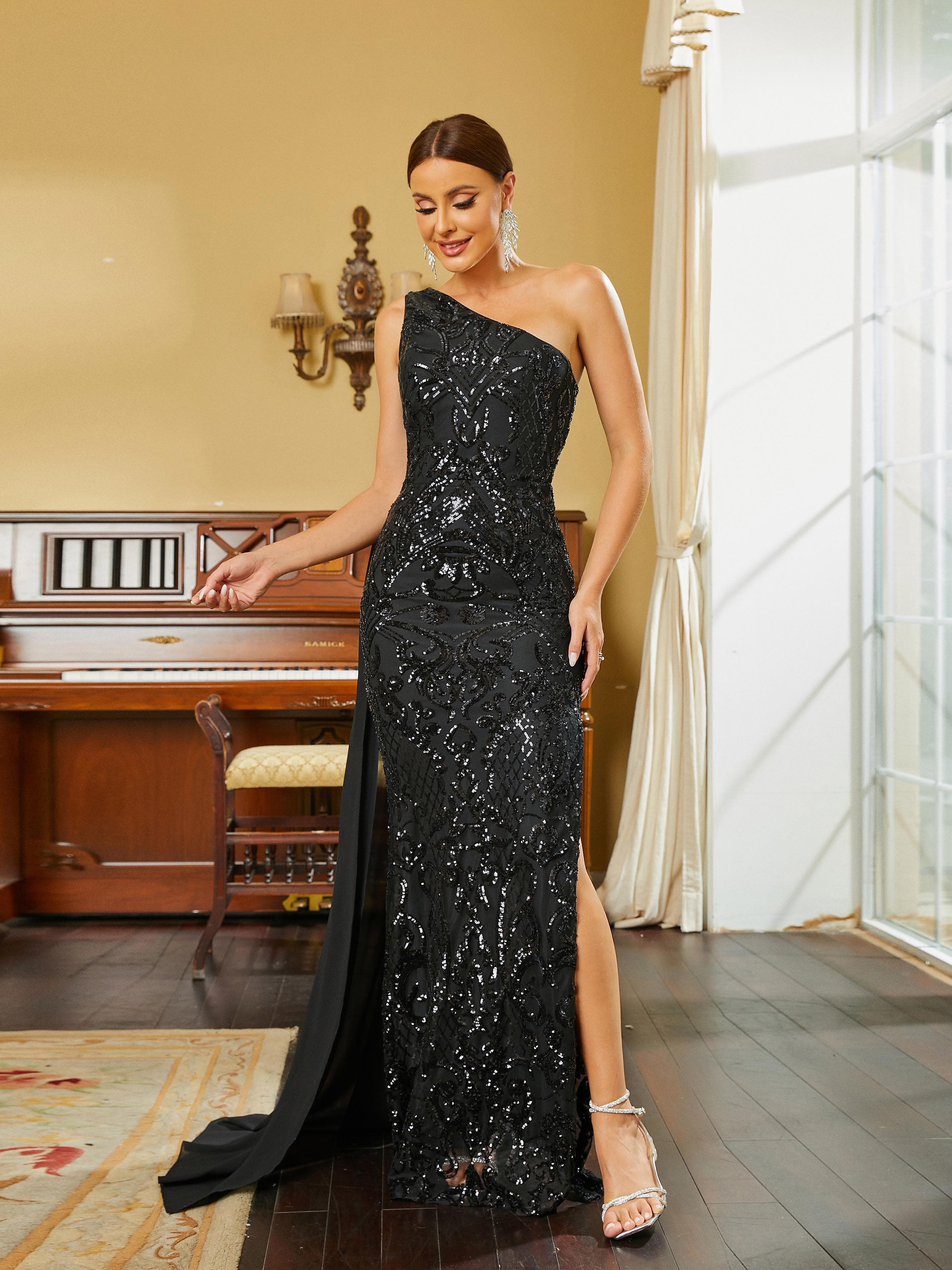 Formal Draped One Shoulder Sequin Black Evening Dress