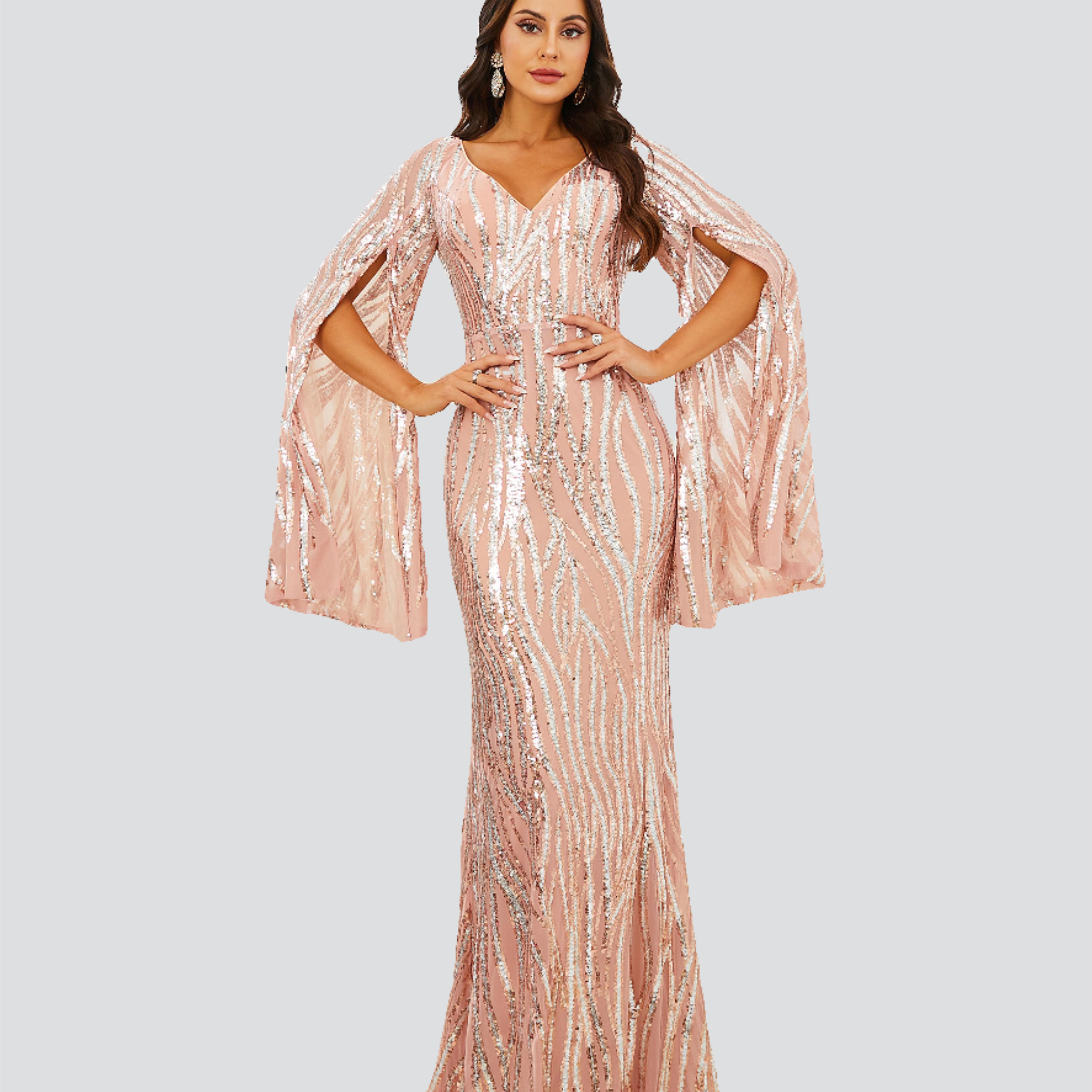 V-Neck Cape Sleeve Sequin Maxi Pink Evening Dress