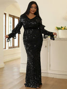 Plus Size V-Neck Black Sequin Formal Dress PXJ1461