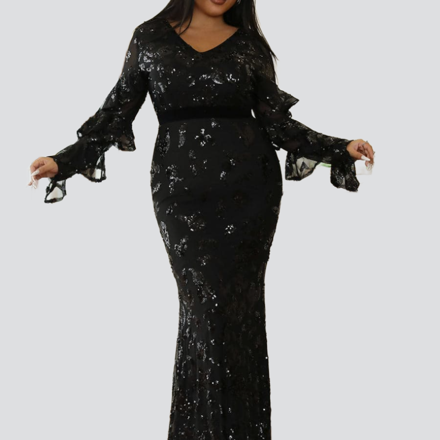 Plus Size V-Neck Black Sequin Dress