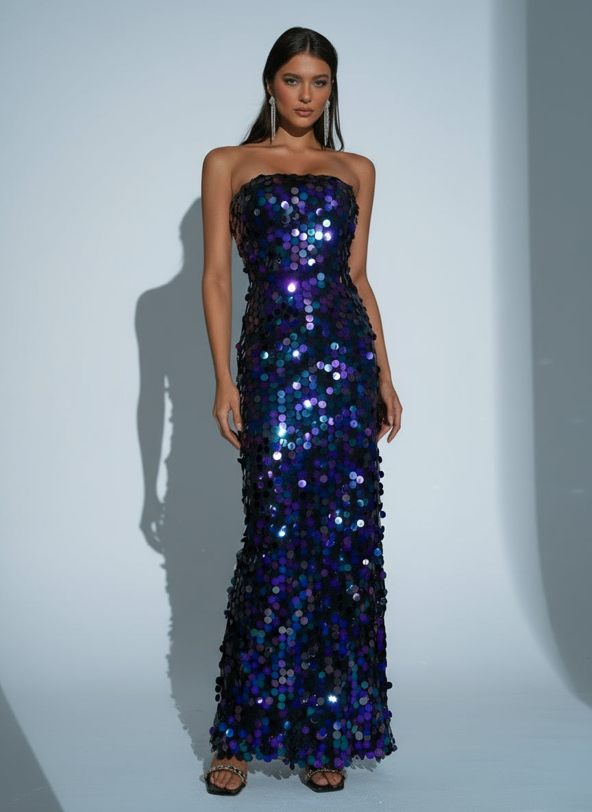 Tube Top Sequin Blue Maxi Dress RJ11580 - MISS ORD