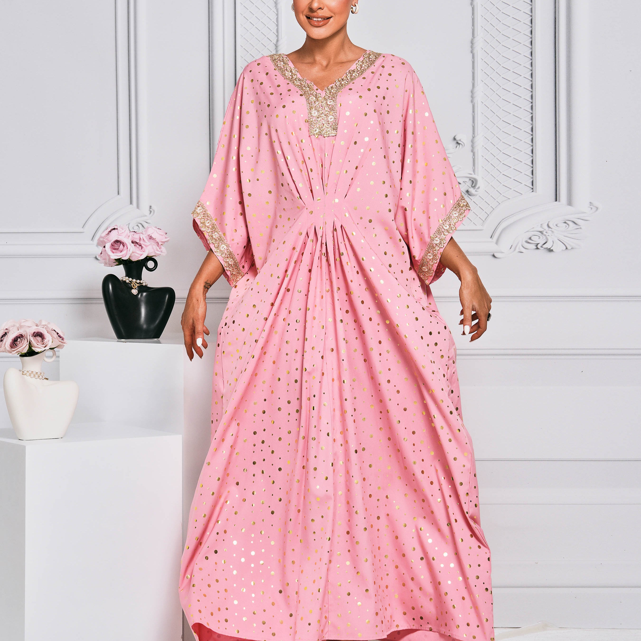 MISSORD V-neck Embroidered Pink Maxi Dress