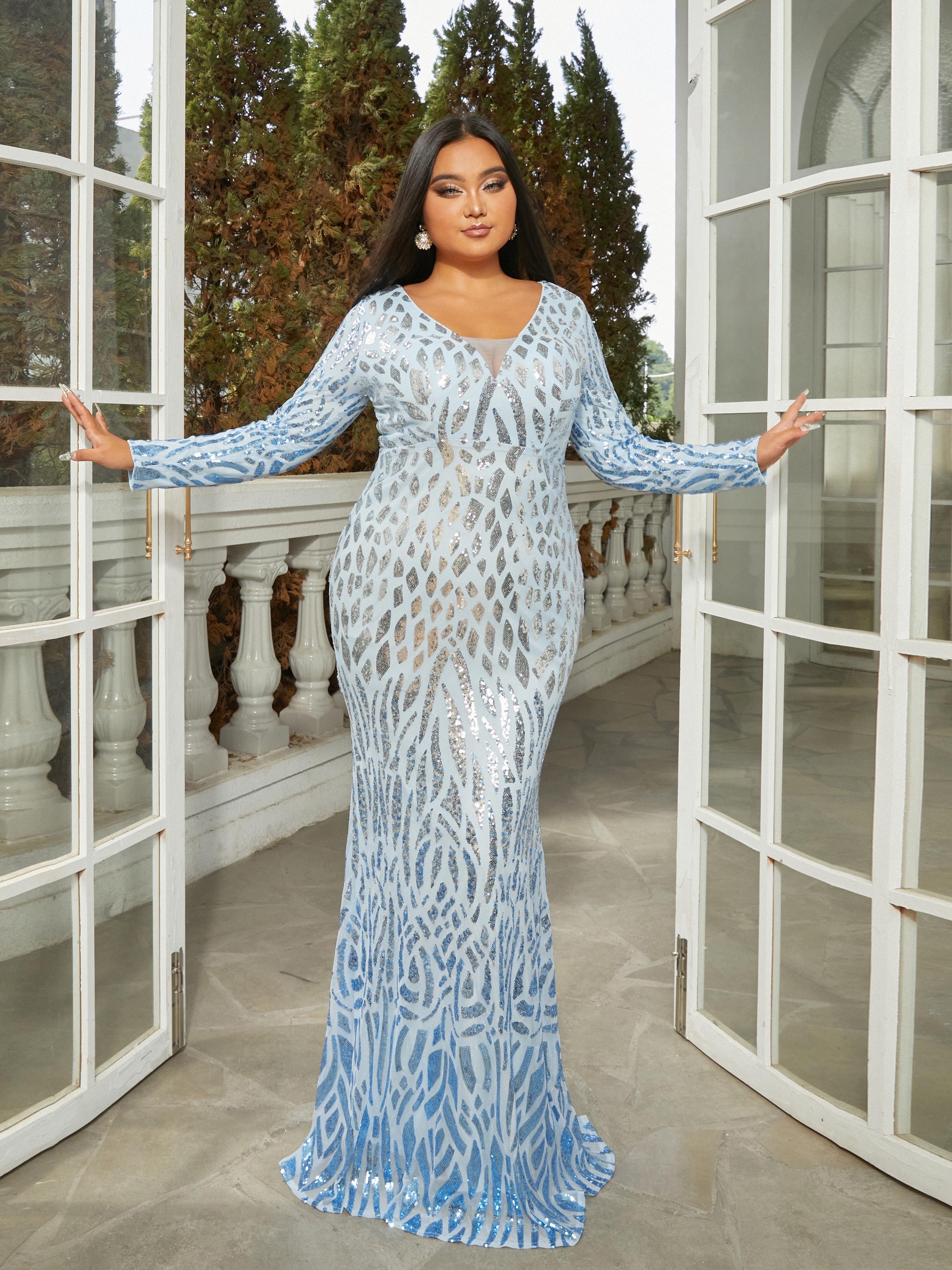 MISSORD Plus Size Long Sleeve Mermaid Sequin Blue Prom Dress