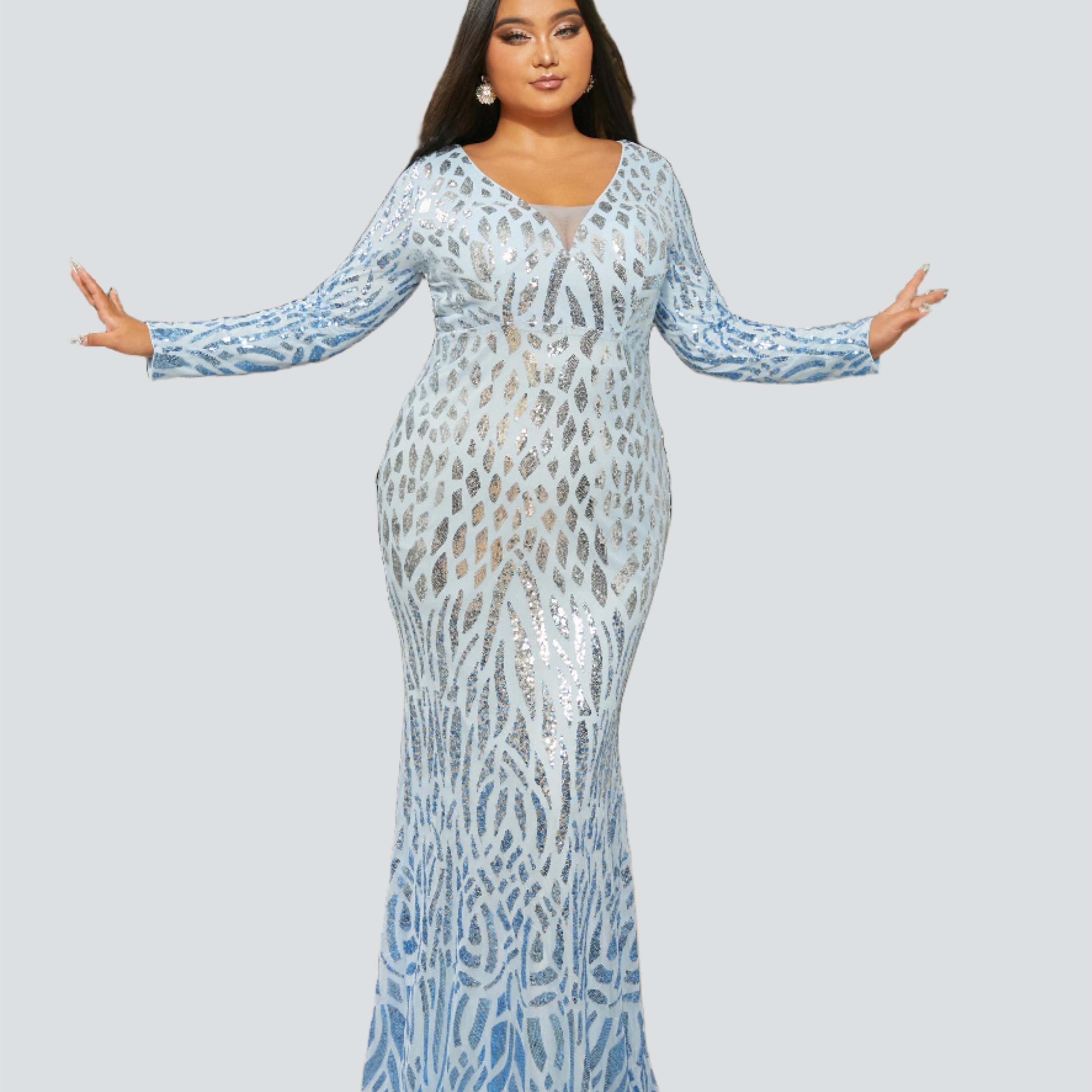 Plus Size Long Sleeve Mermaid Sequin Blue Prom Dress PRJ11125