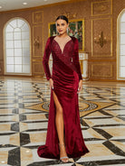 High Split Long Sleeve Wine Velvet Evening Dress