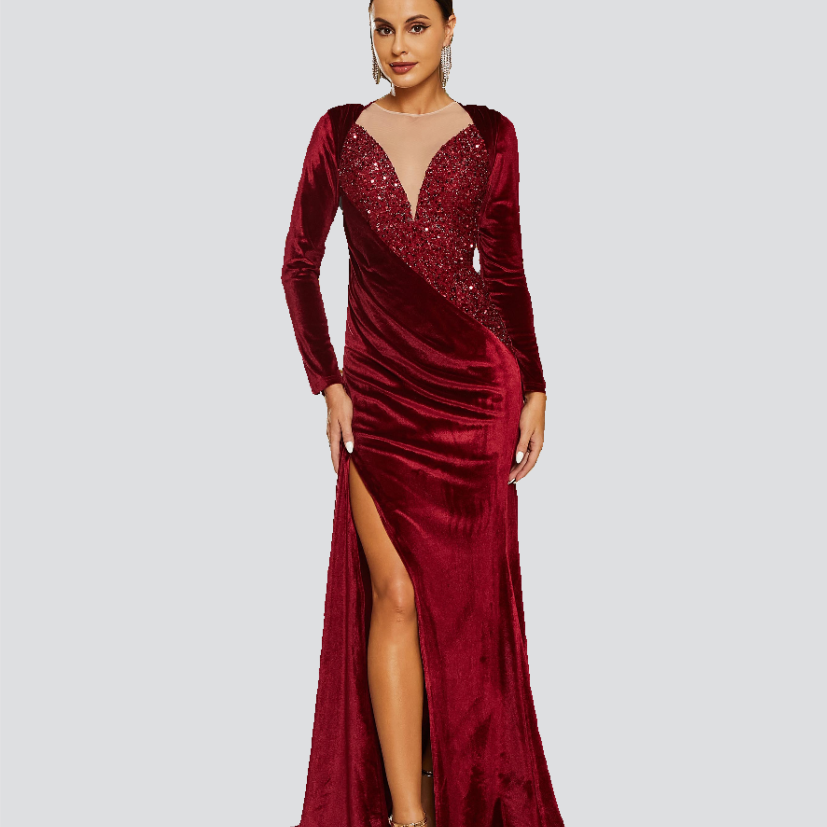 High Split Long Sleeve Wine Velvet Evening Dress RM20722