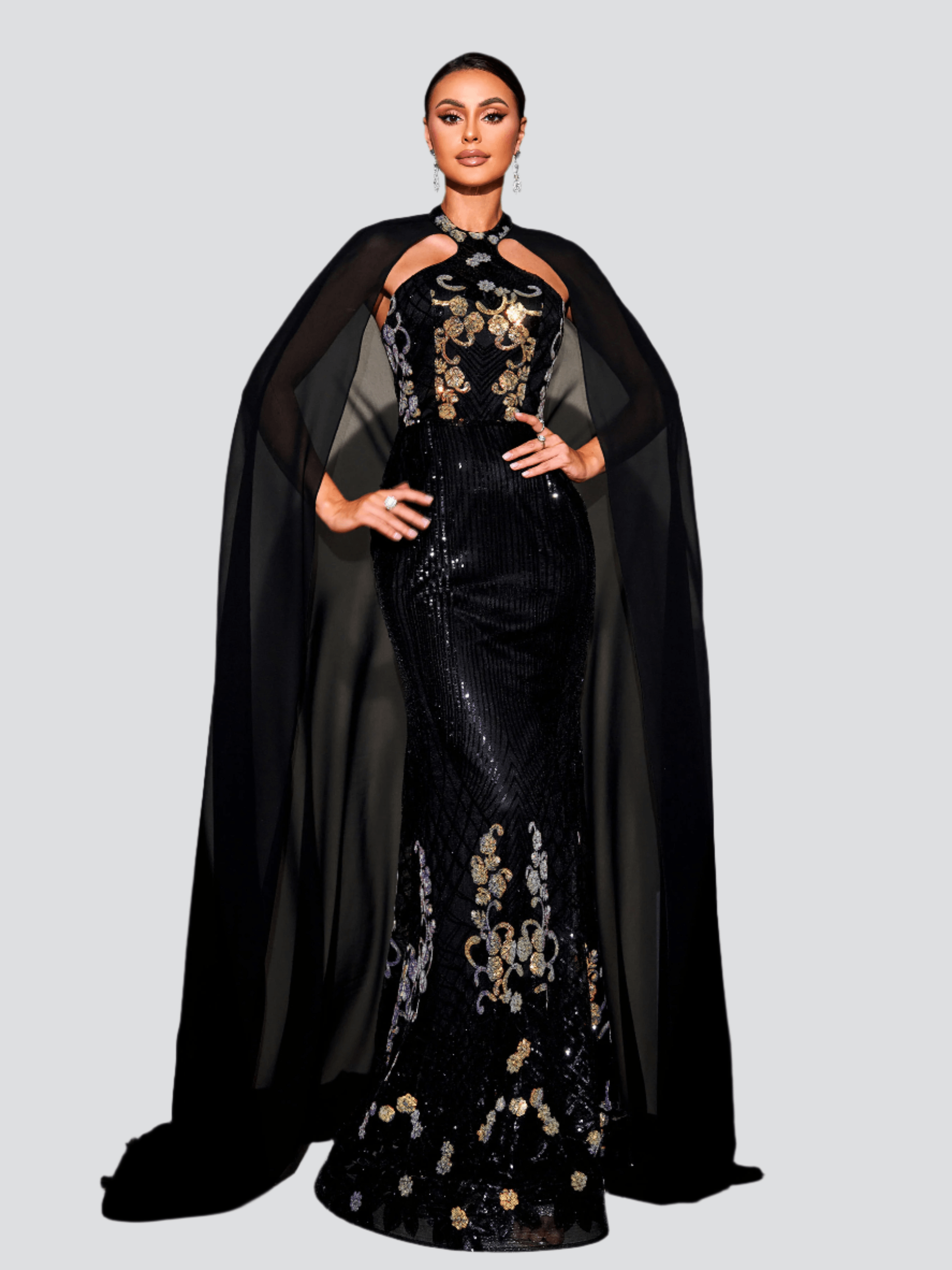 Cape Sleeve Mermaid Sequin Formal Dress DH80100 - Black / XS Cape Sleeve Mermaid Sequin Formal Dress DH80100 - Black / XS