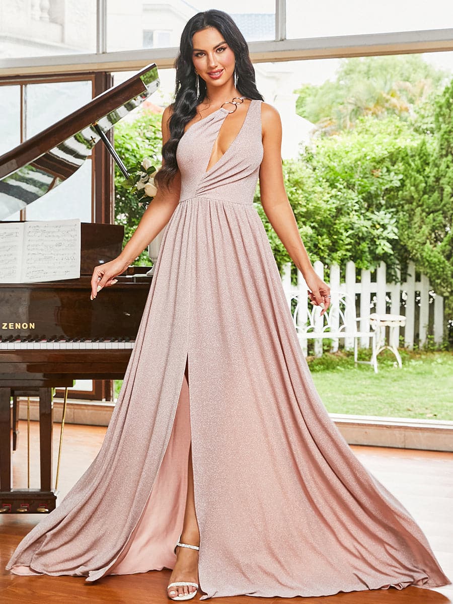One Shoulder Cutout Ruched Pink Prom Dress