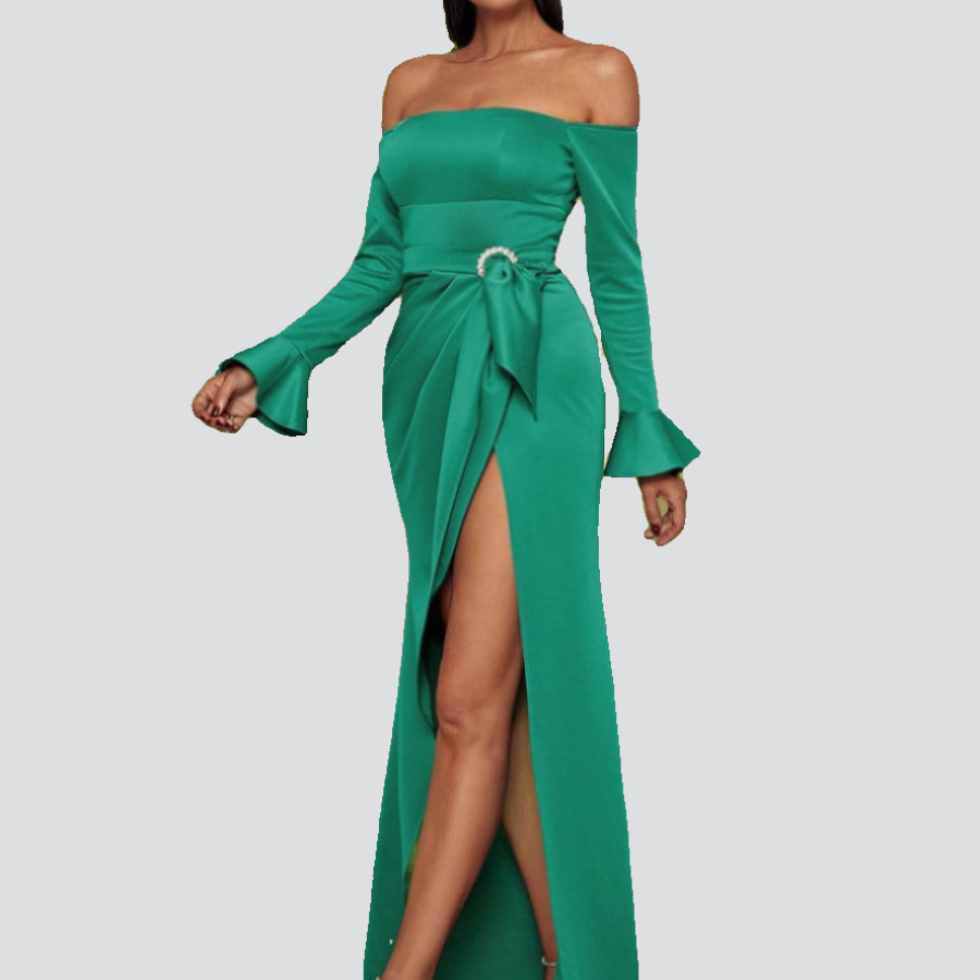 Formal Asymmetric Off-Shoulder Maxi Green Prom Dress