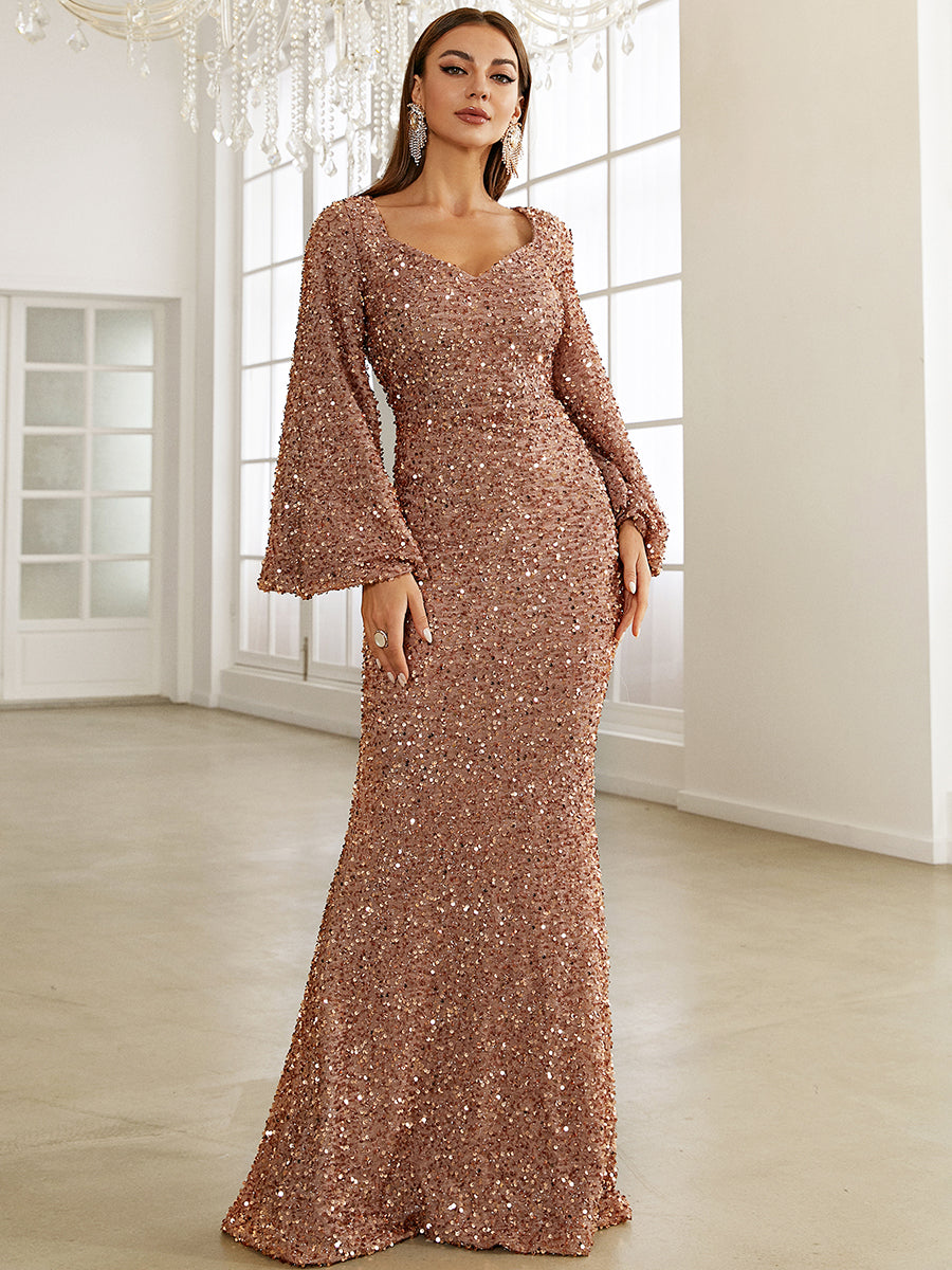 Glitter Bell Sleeve Mermaid Sequin Prom Dress M02010