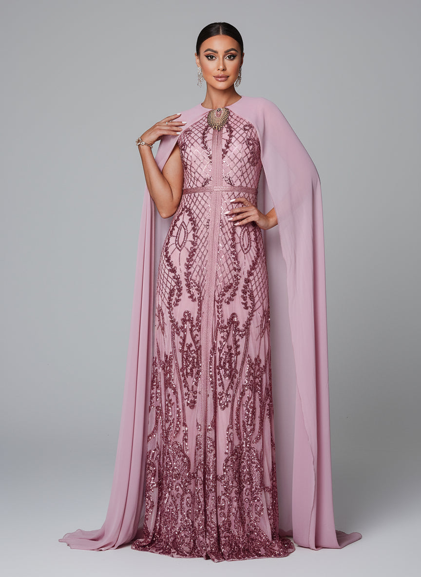 Metallic Embellished Collar Cape Sleeve Dress MES72011