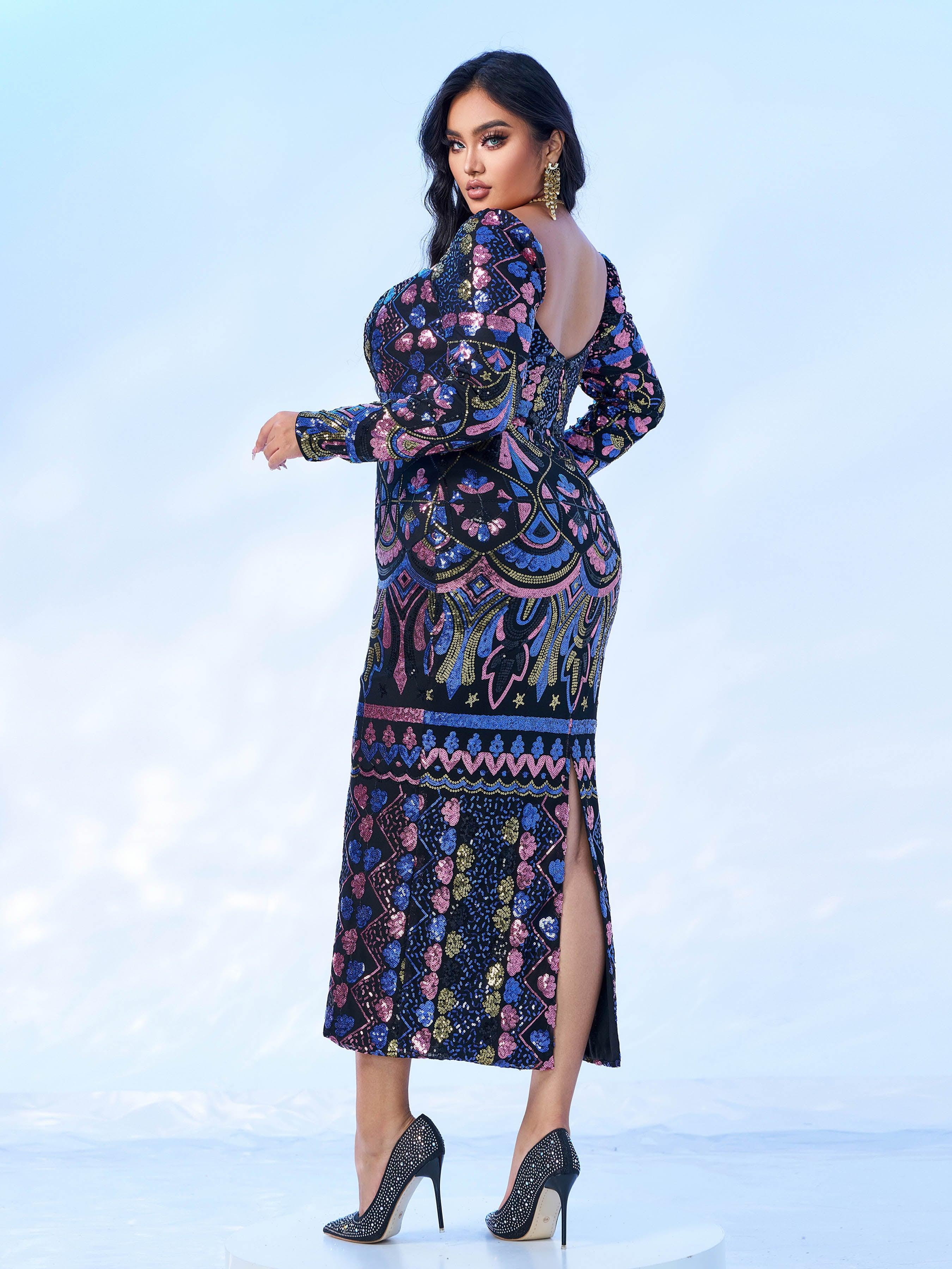 Plus Square Neck Sequin Split Midi Dress PRM20830 - MISS ORD