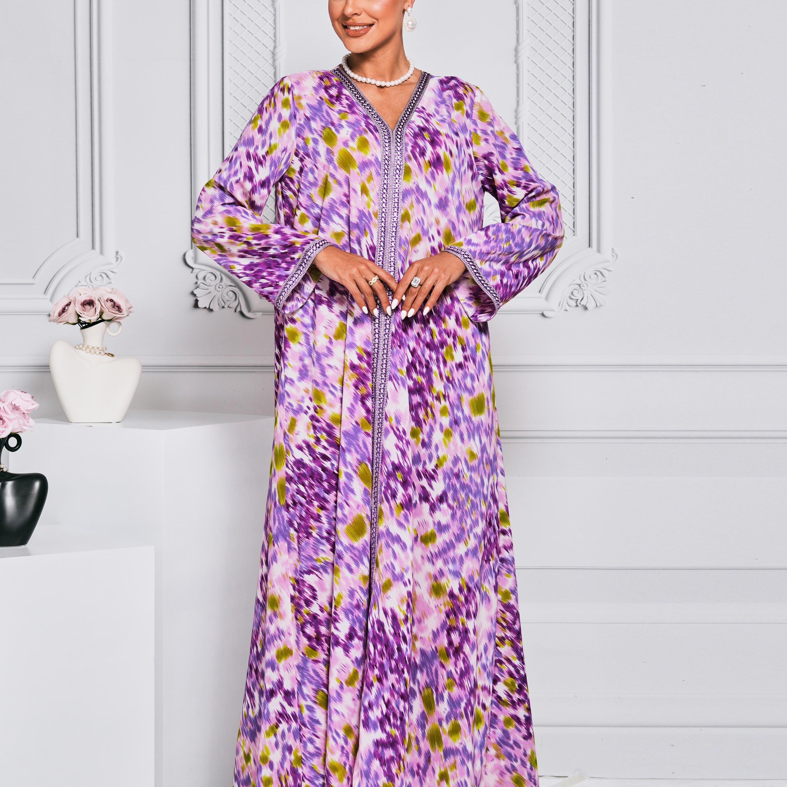 V-Neck Flower Printed Purple Maxi Dress ME00179
