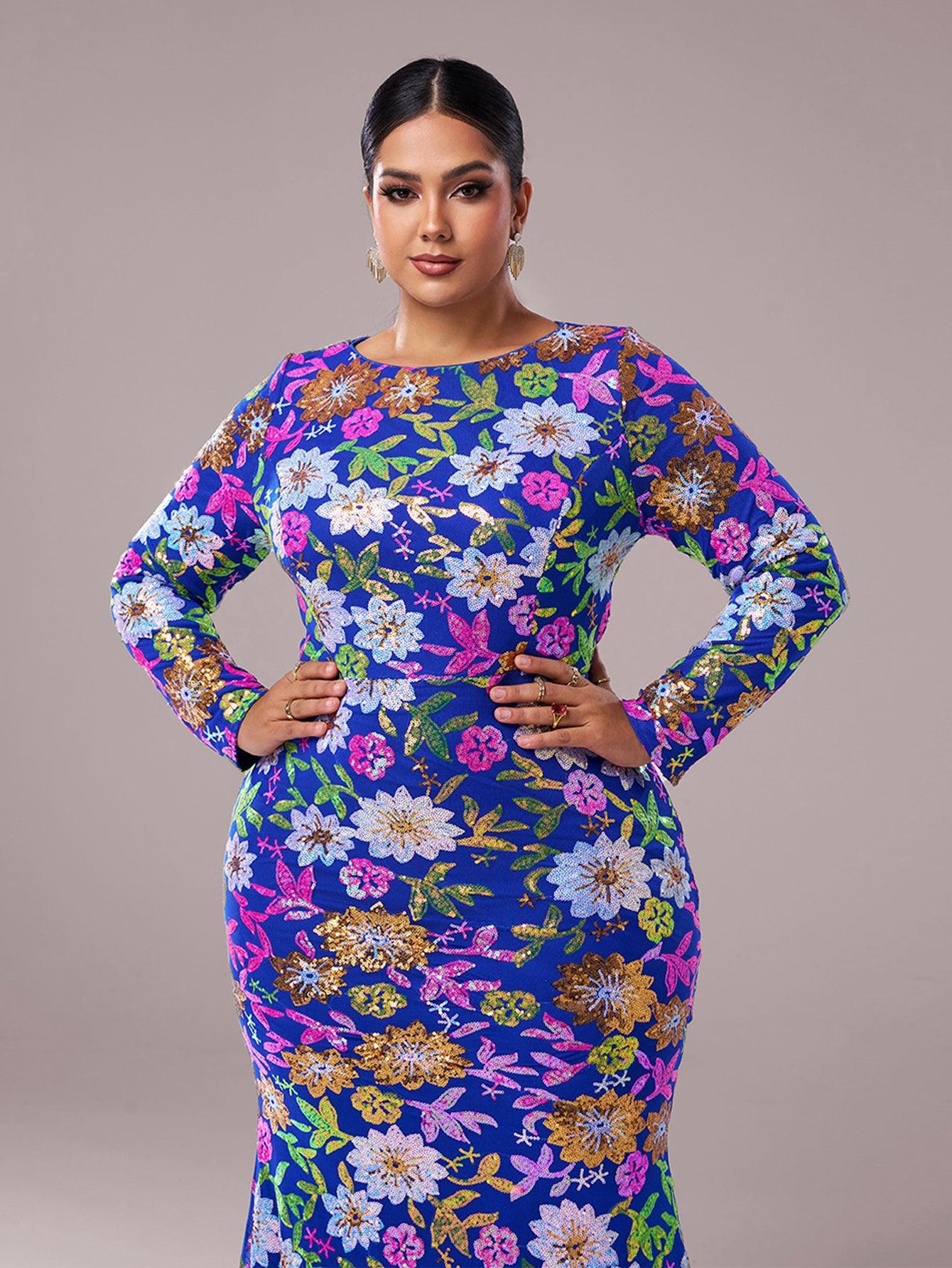 Plus Crew Neck Floral Sequin Dress PRJ10987 - MISS ORD