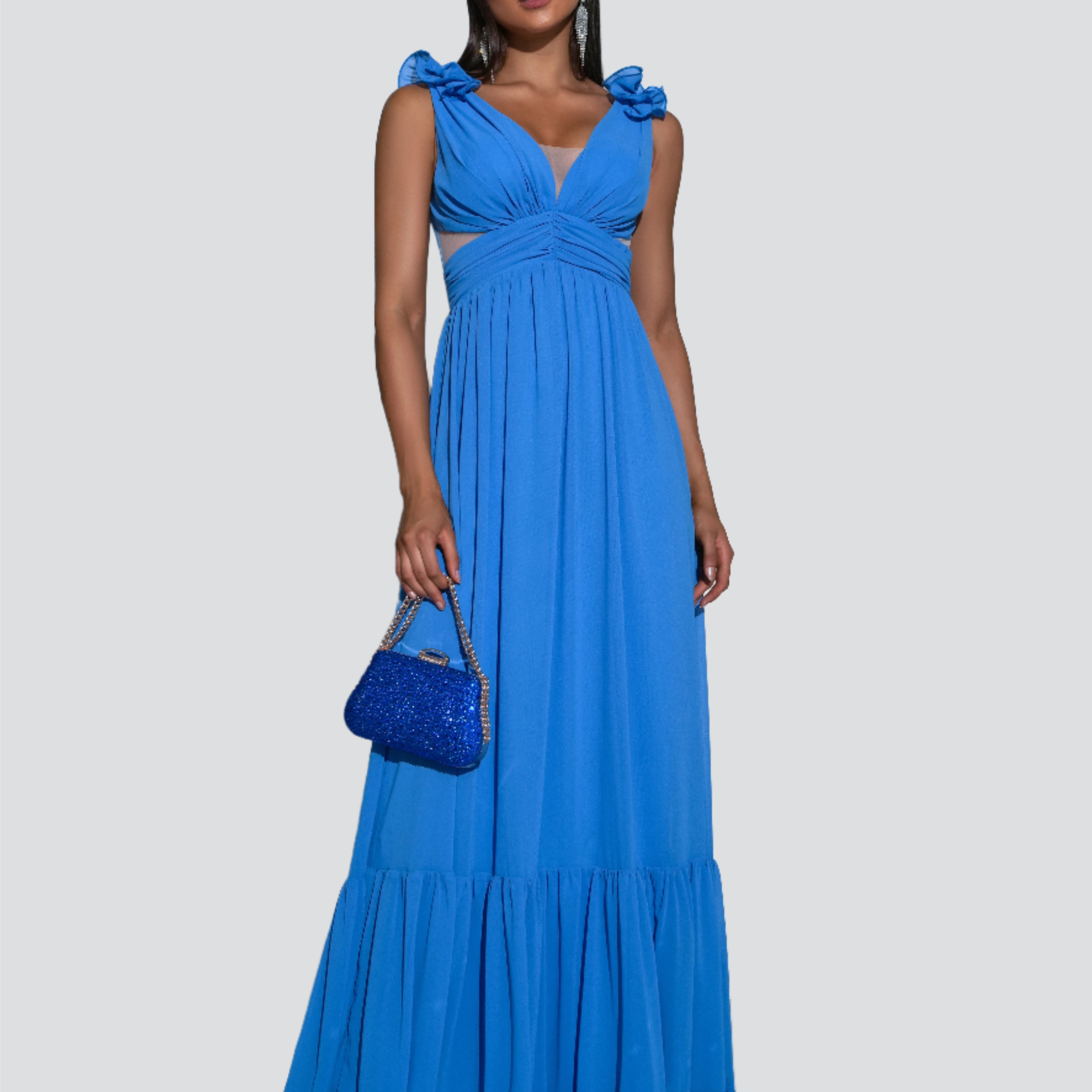 V-neck Ruched Blue Tulle Maxi Dress RM21494