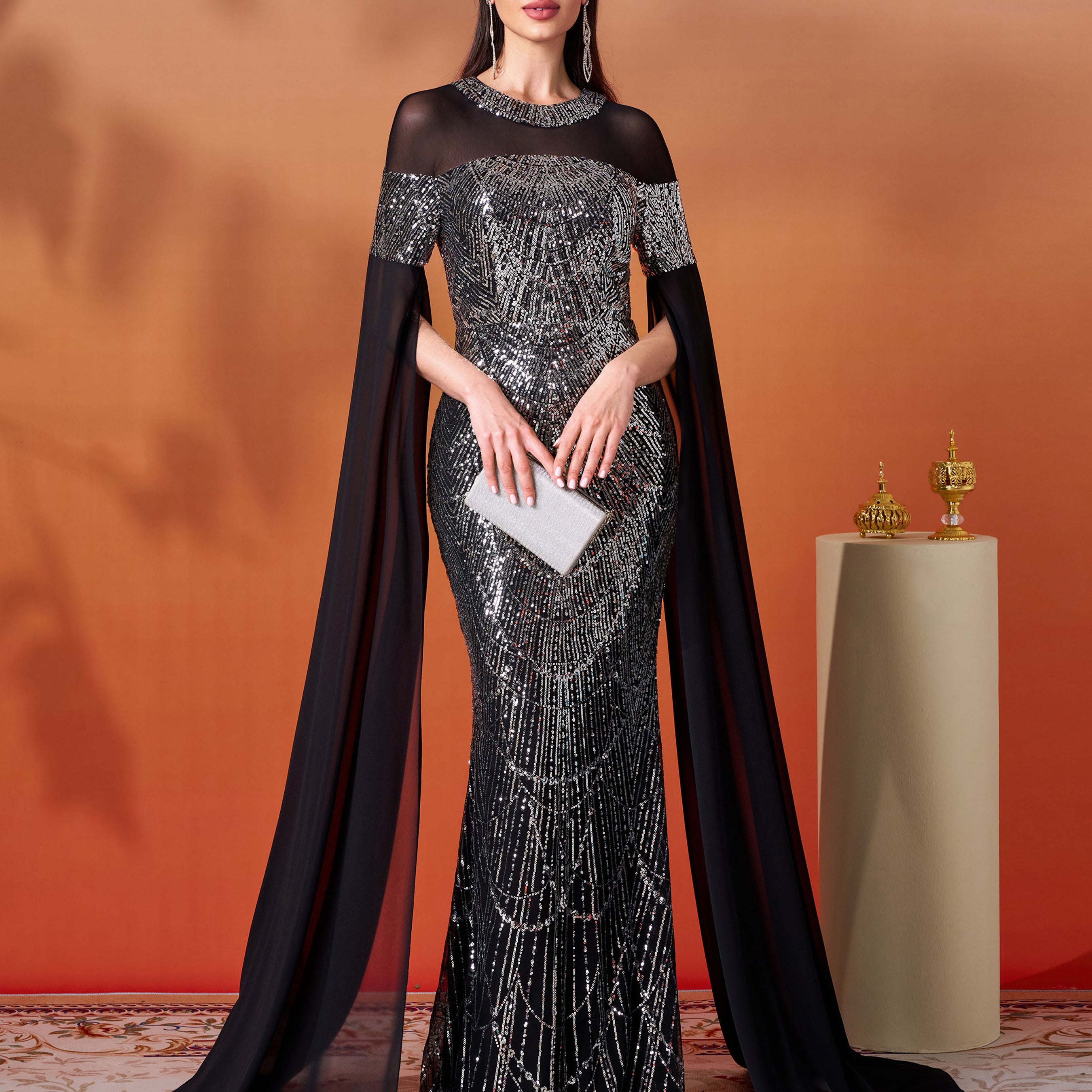 Black Sequin Cape Sleeve Elegant Evening Dress GM00706 - Black / XL Black Sequin Cape Sleeve Elegant Evening Dress GM00706 - Black / XL