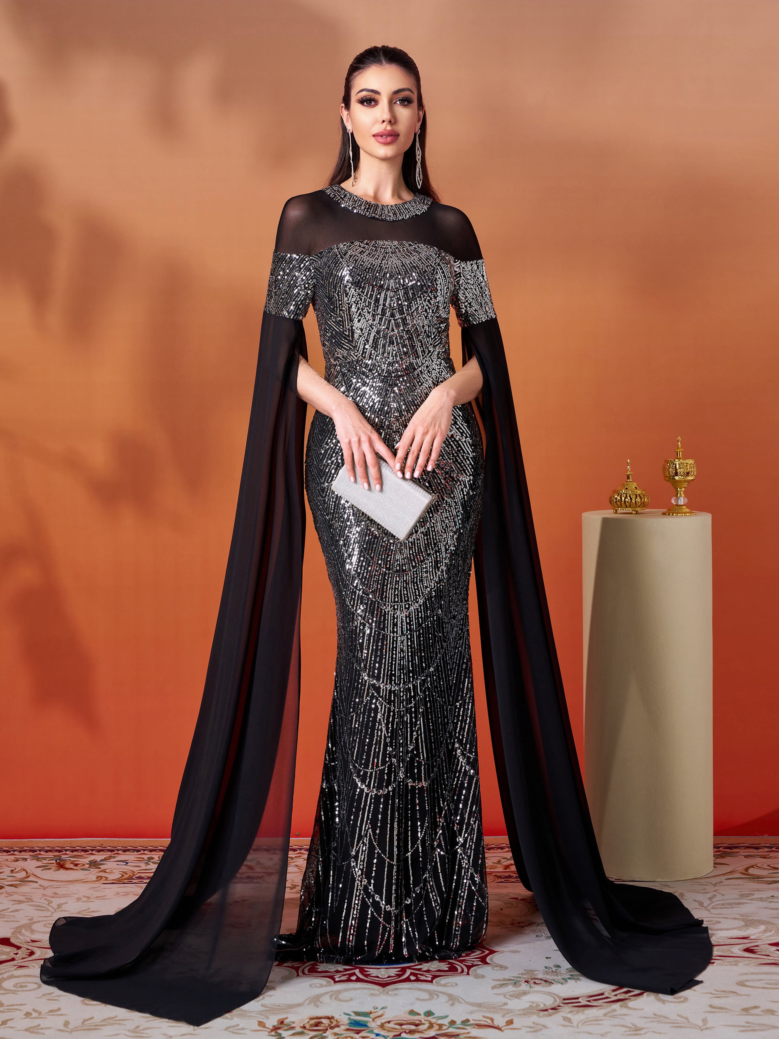 Black Sequin Cape Sleeve Elegant Evening Dress GM00706 - Black / XL Black Sequin Cape Sleeve Elegant Evening Dress GM00706 - Black / XL