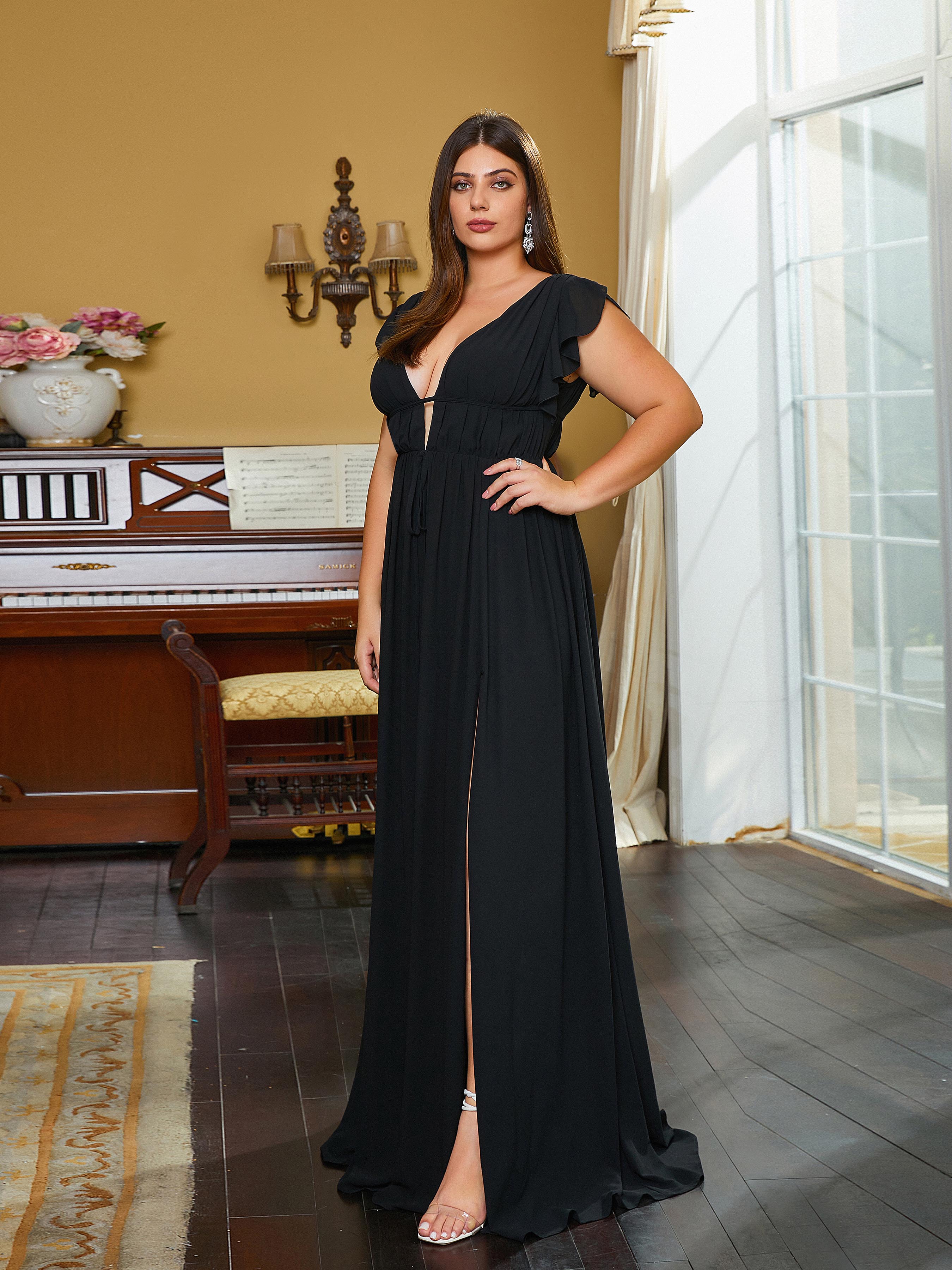 MISSORD Plus Size V-neck High Split A-line Black Prom Dress