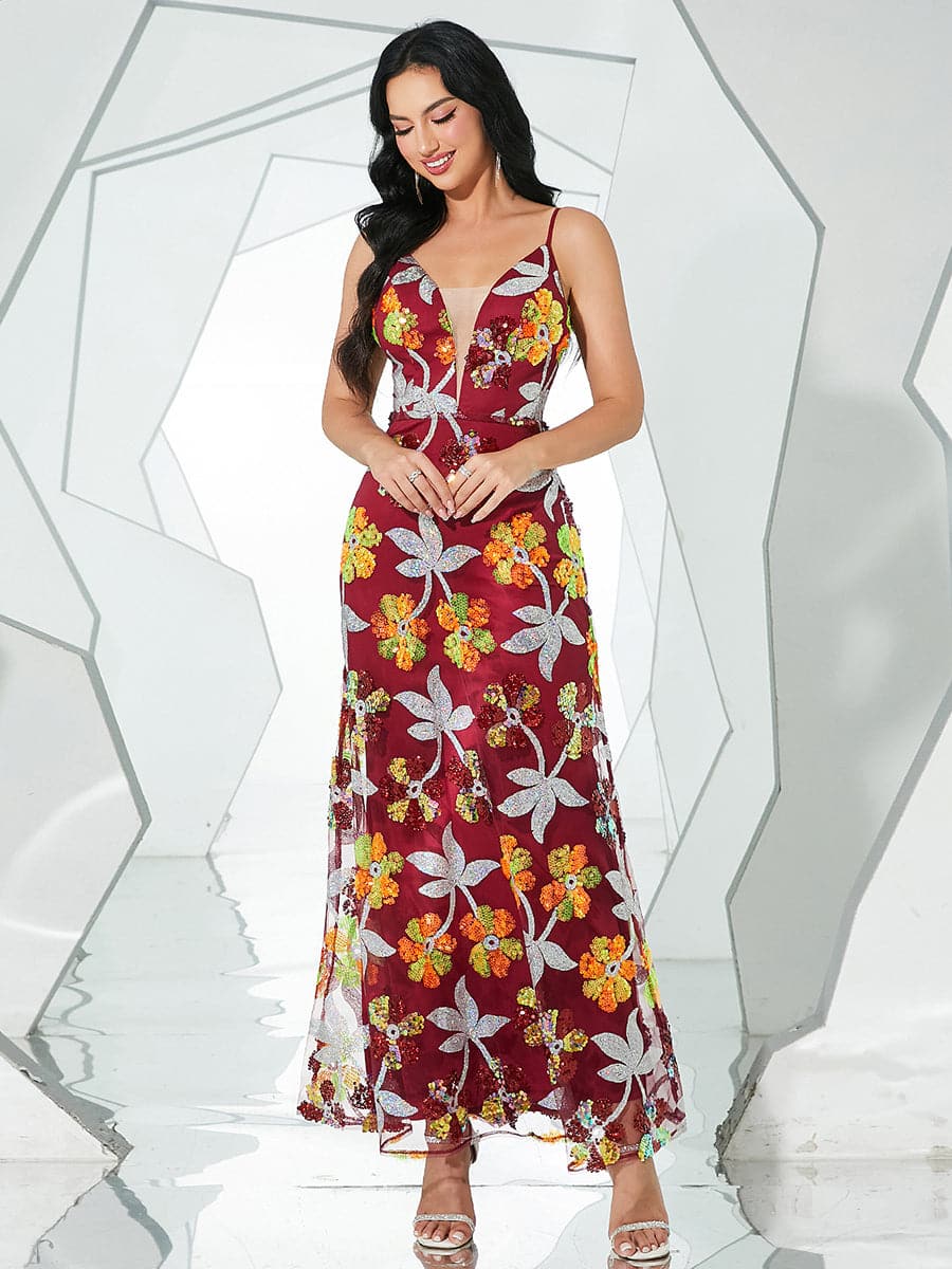 Open Back Floral Sequins Wine Prom Dress