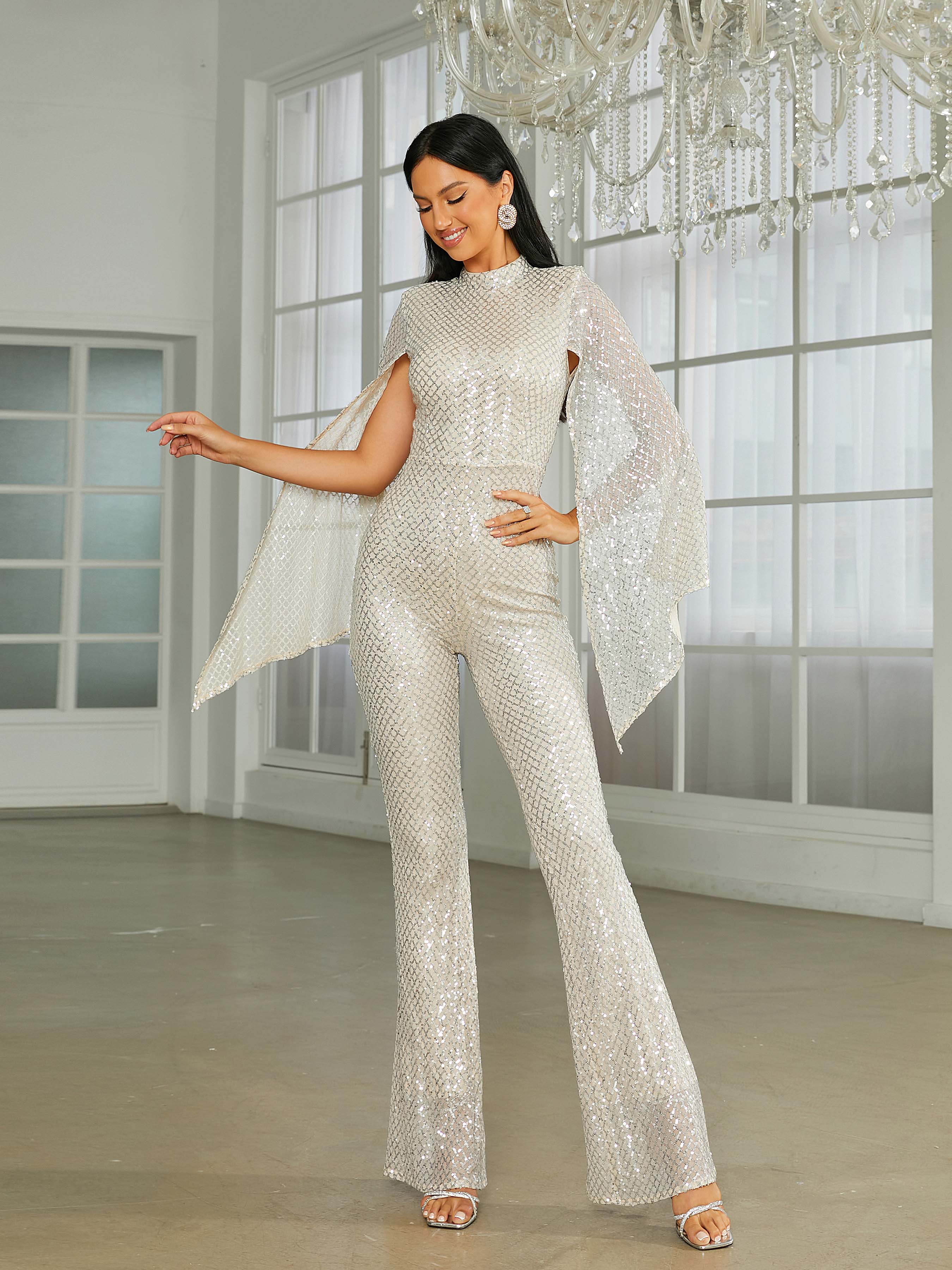 Stand Collar Cape Sleeve Sequin Jumpsuit
