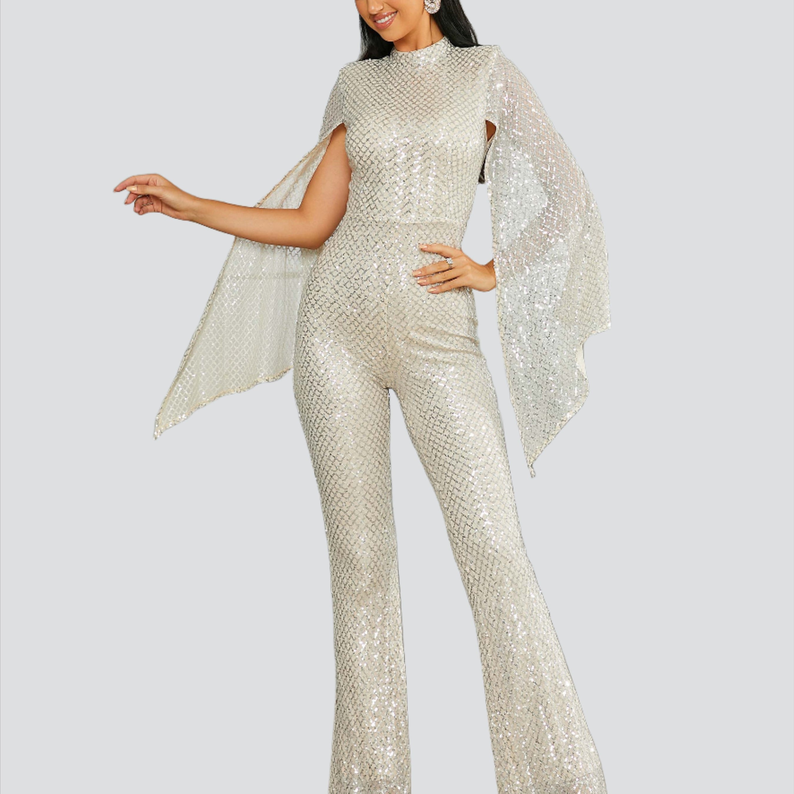 Stand Collar Cape Sleeve Sequin Jumpsuits