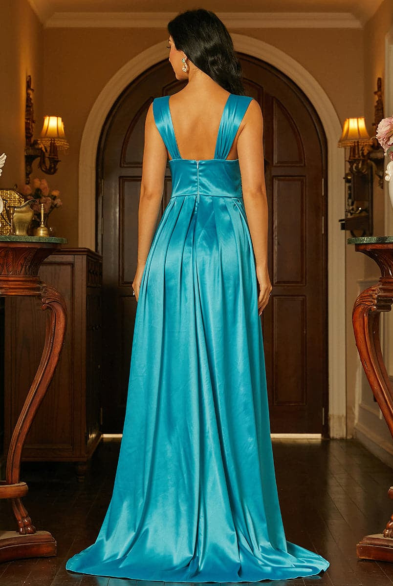 Ruched Sleeveless Satin Blue Maxi Prom Dress RM20145 MISS ORD