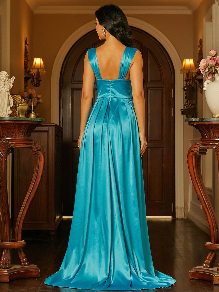 Ruched Sleeveless Satin Blue Maxi Prom Dress RM20145 MISS ORD