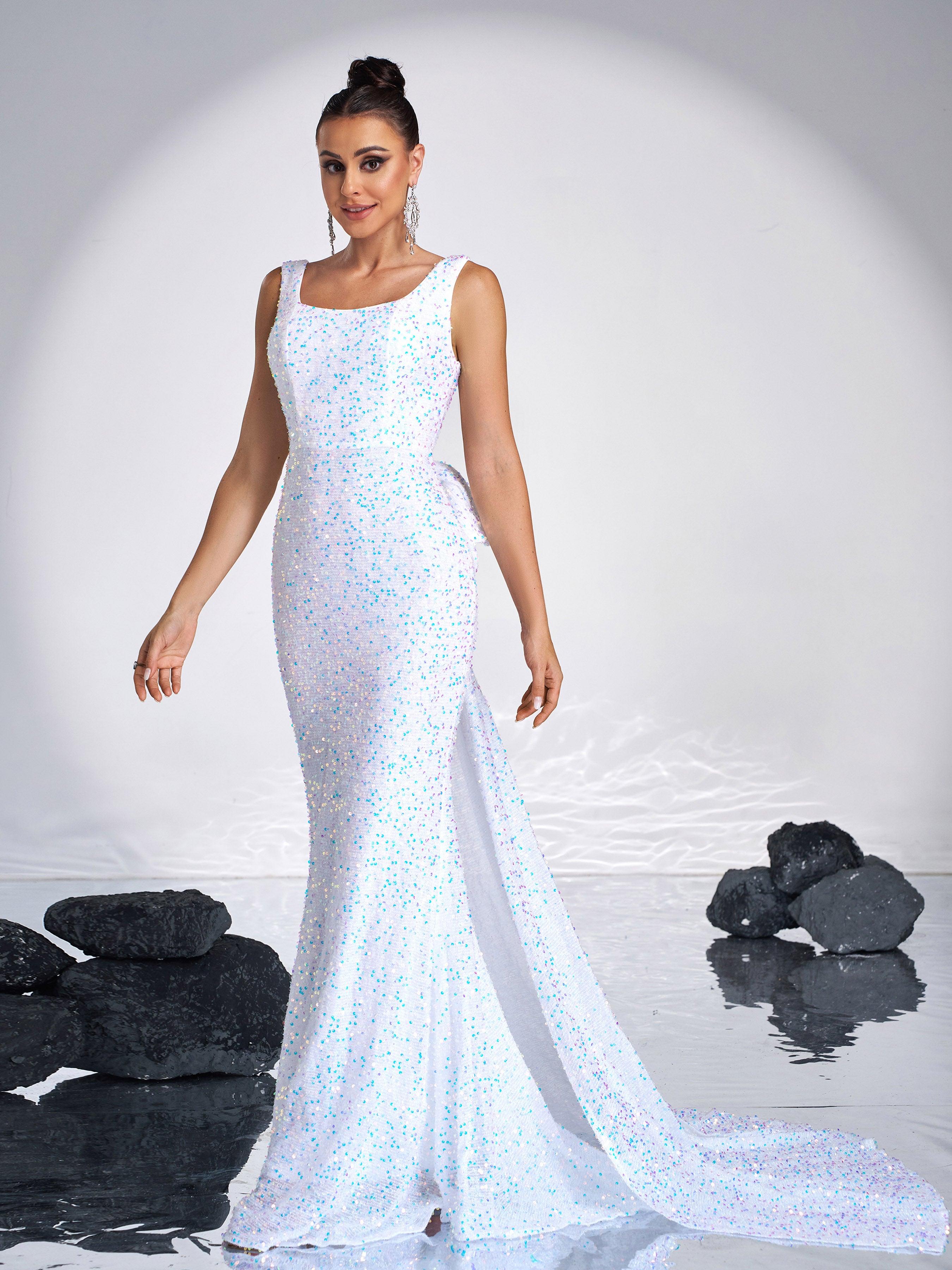 Bow Knot Sleeveless White Sequin Dress RM21232 - MISS ORD