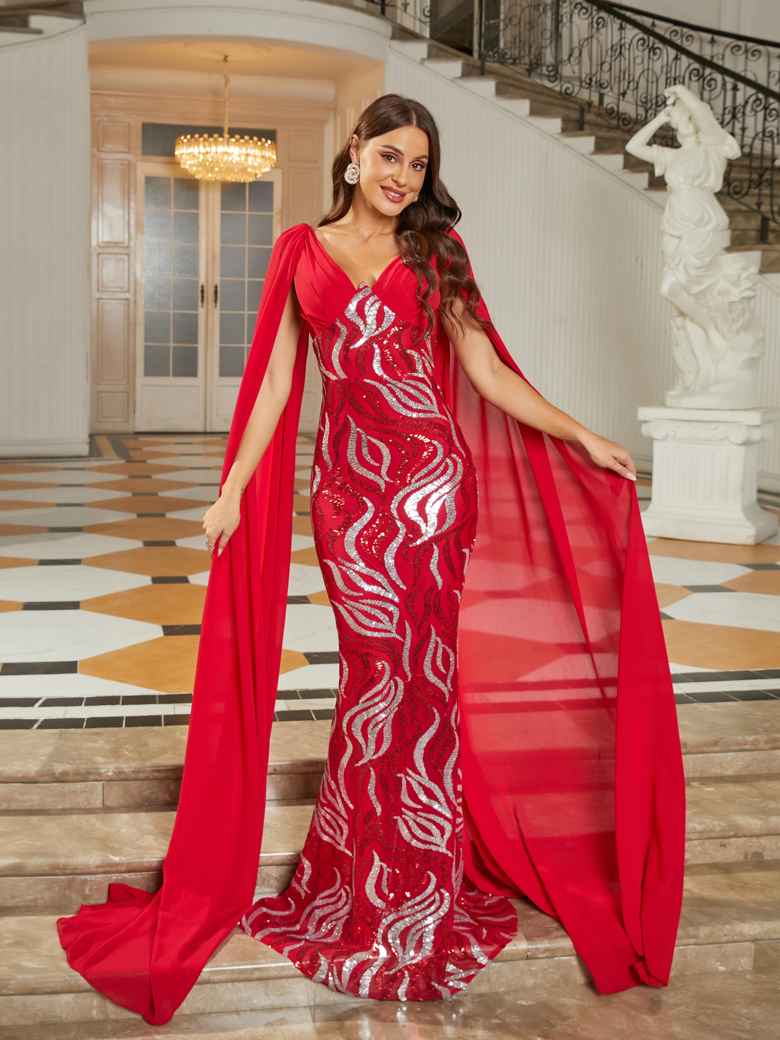 MISSORD V-neck Long Sleeve Red Sequin Maxi Prom Dress