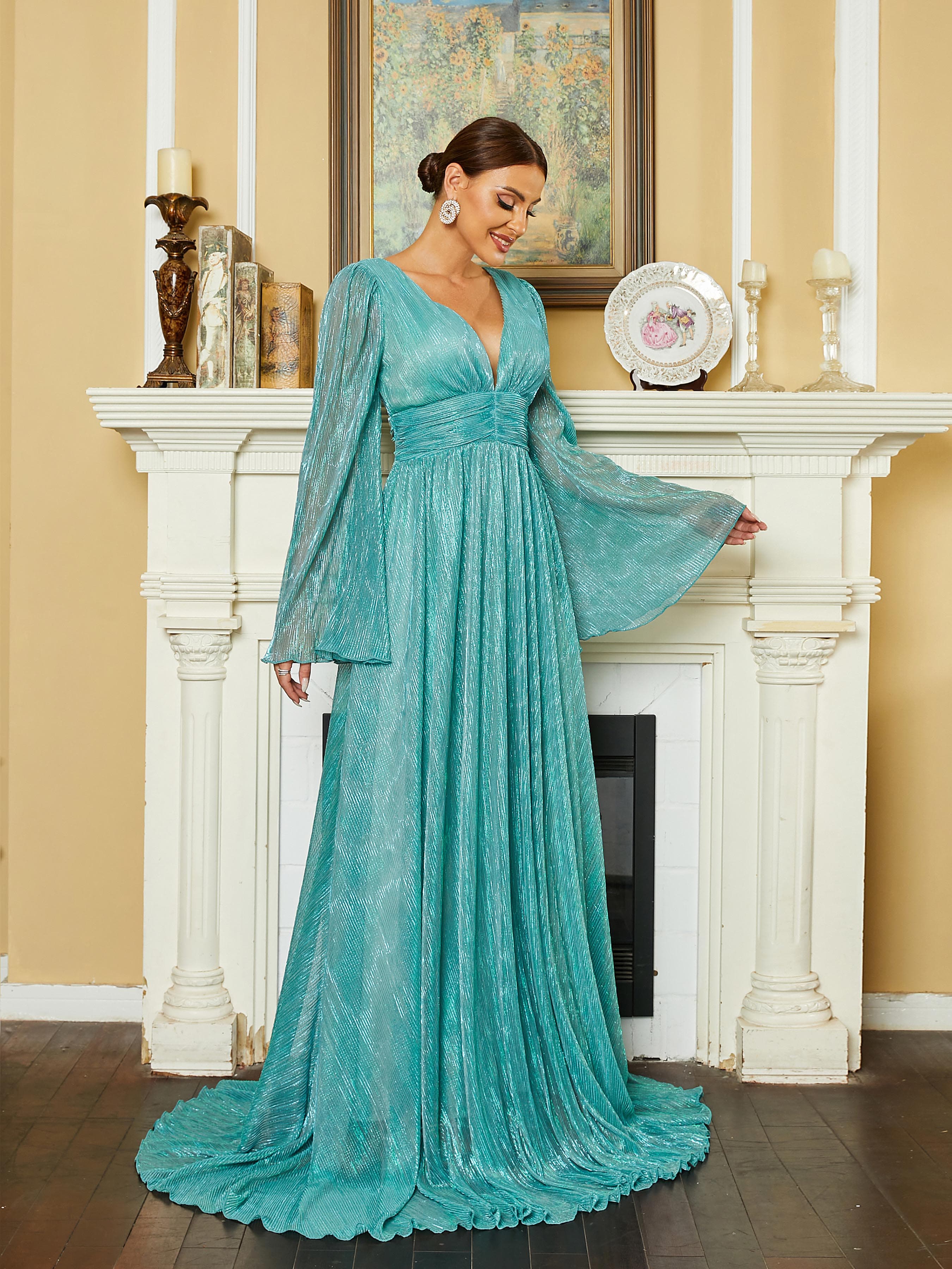 Bell Sleeve A-Line Mesh Green Ball Gown RM20578 MISS ORD