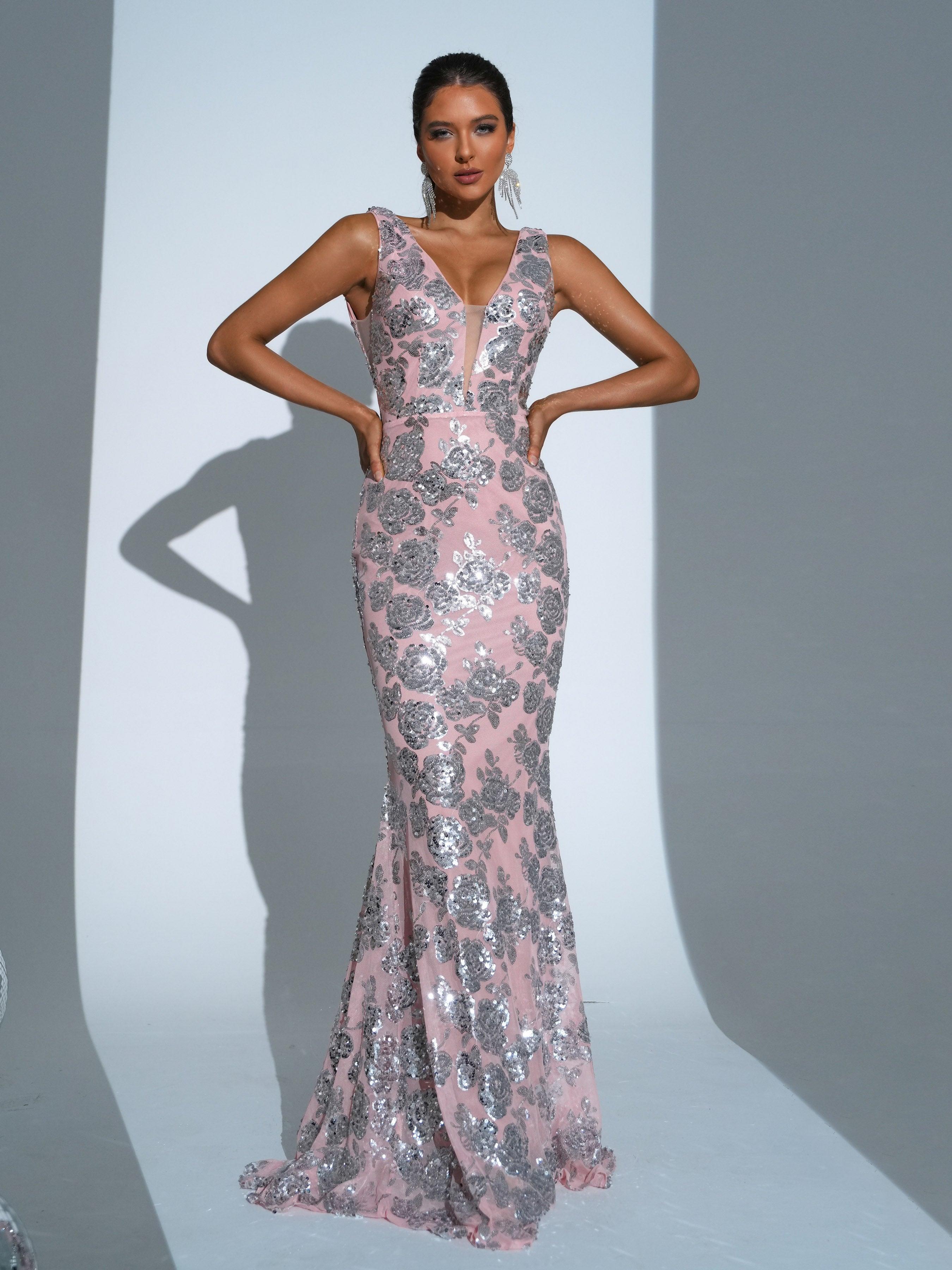 V-neck Floral Sequin Mermaid Dress RJ11513 - MISS ORD