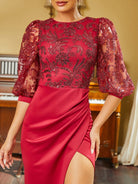 Asymmetric Panel High Split Knit Wine Prom Dress RM20539
