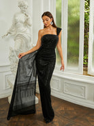 One Shoulder Split Sleeveless Sequin Black Evening Dress RJP1050