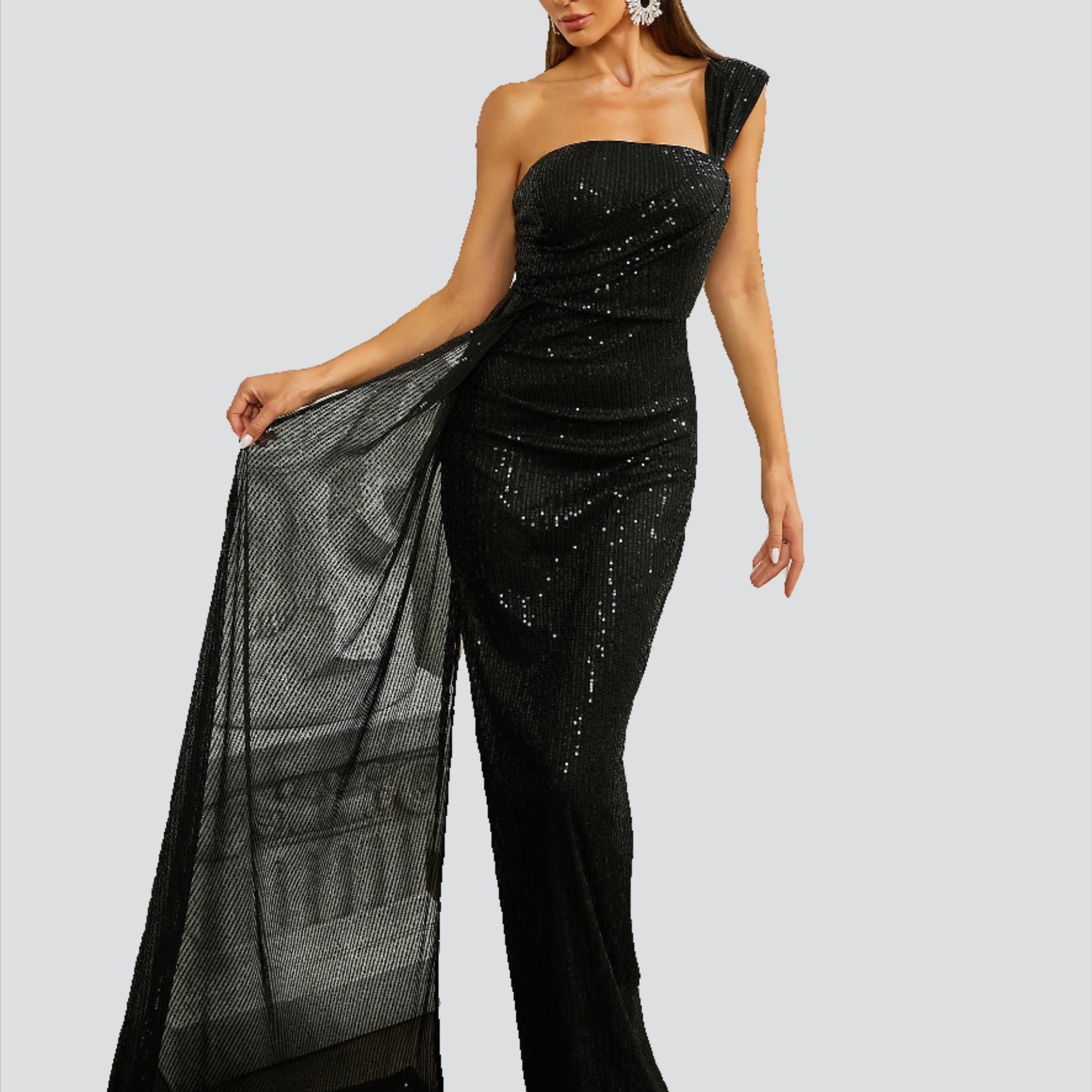 One Shoulder Split Sleeveless Sequin Black Dress