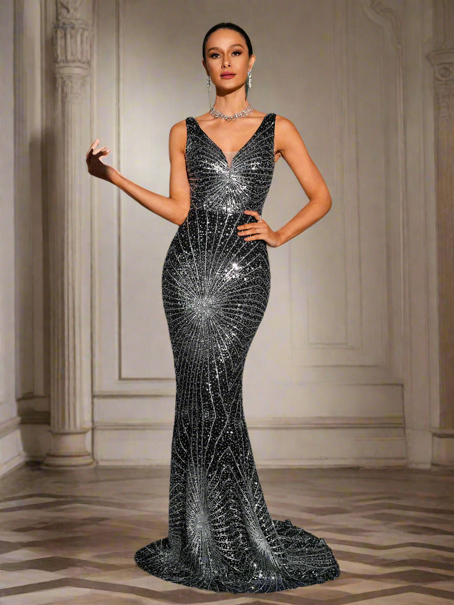 V-neck Mermaid Sequin Evening Dress RJ11510 - Black / XL V-neck Mermaid Sequin Evening Dress RJ11510 - Black / XL
