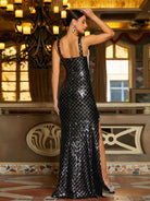 MISSORD V-neck Backless High Split Sequin Black Prom Dress