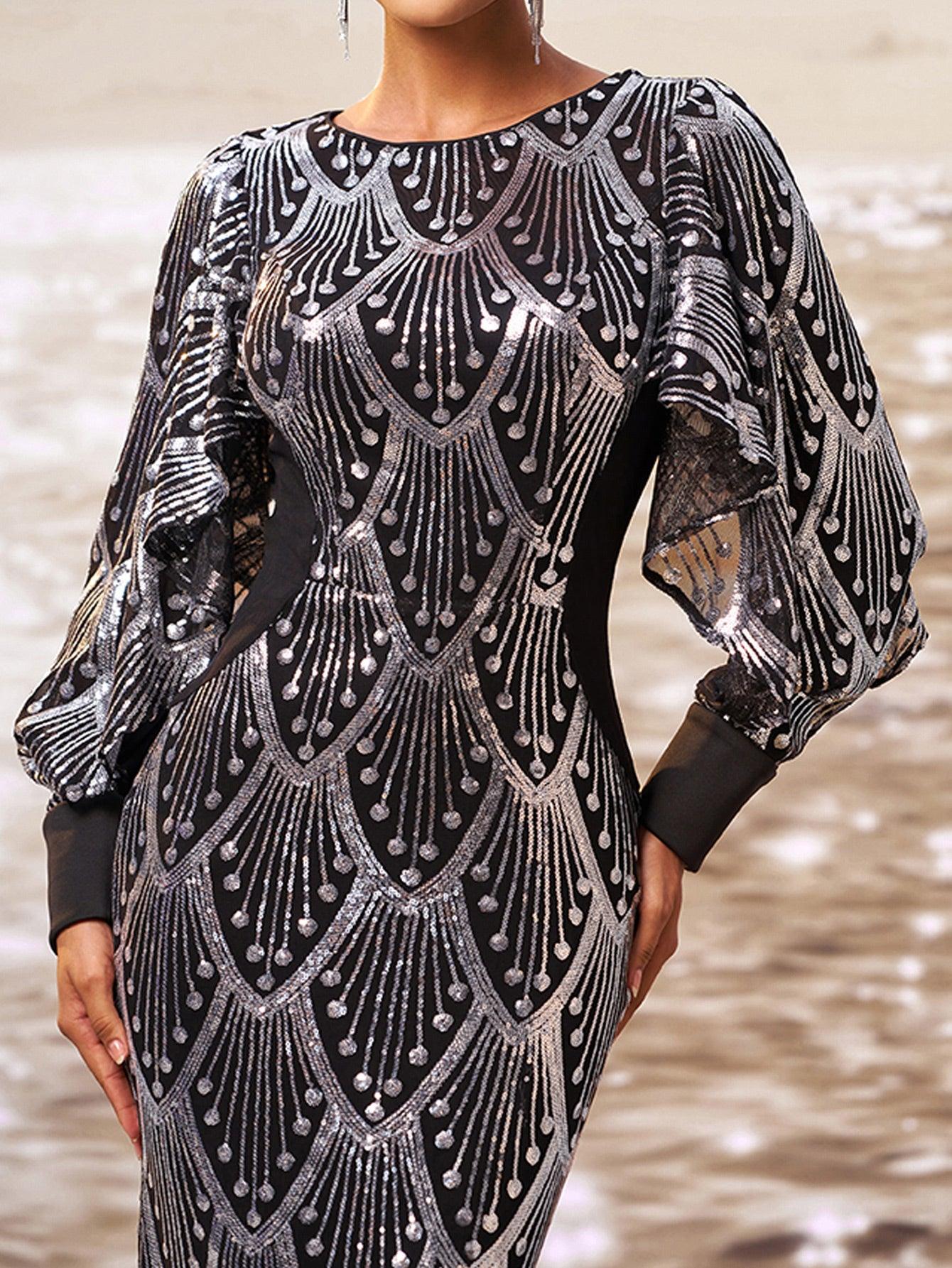 Classic Black Sequin Ballon Sleeve Prom Dress DH80287 - MISS ORD