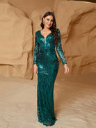 V-neck Long Sleeve Print Green Sequin Prom Dress XJ2109