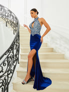 Halter Open Back Blue Slit Prom Dress M02313