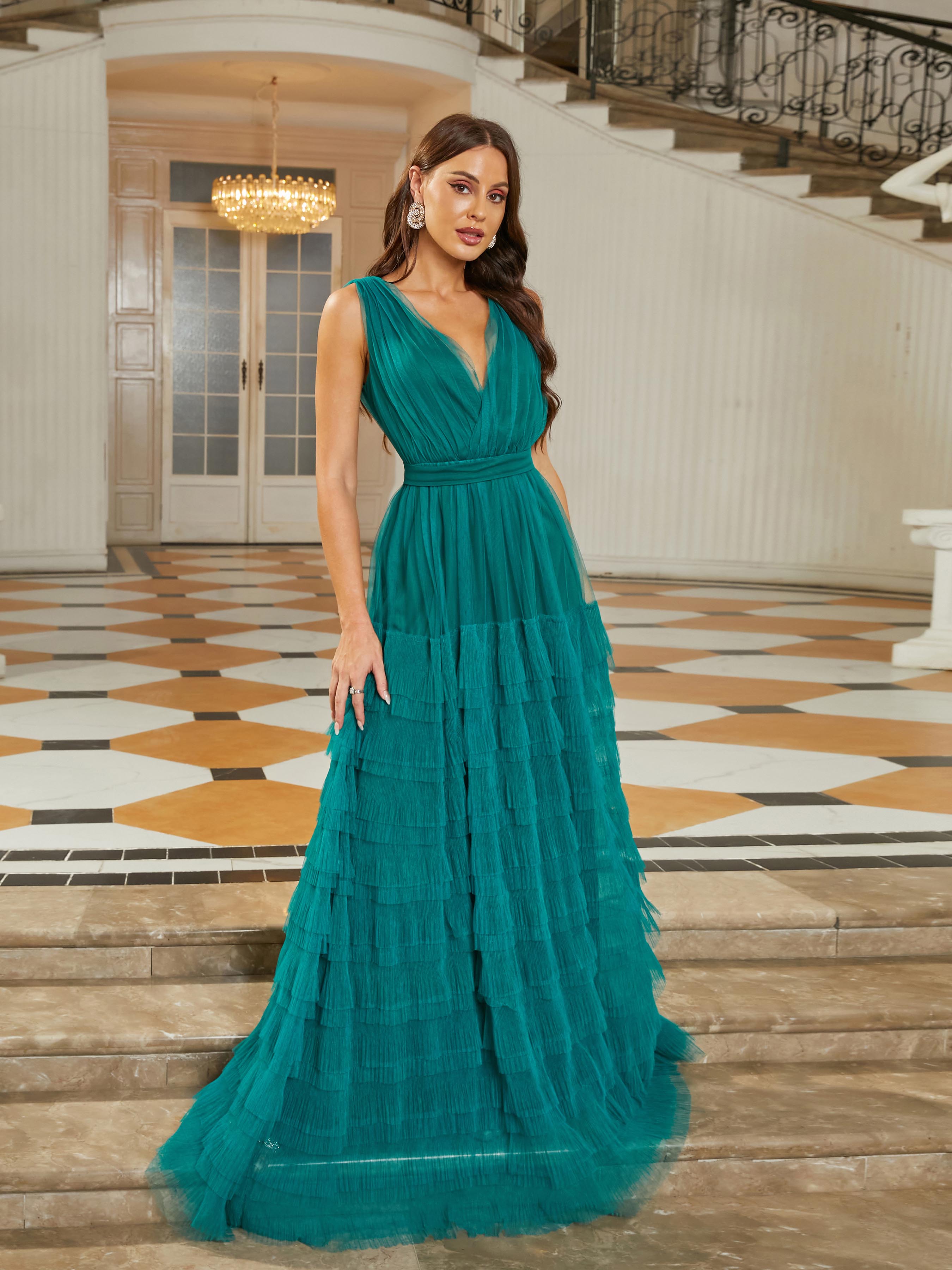 Formal V-Neck Tiered Mesh Green Ball Gown RJ11113