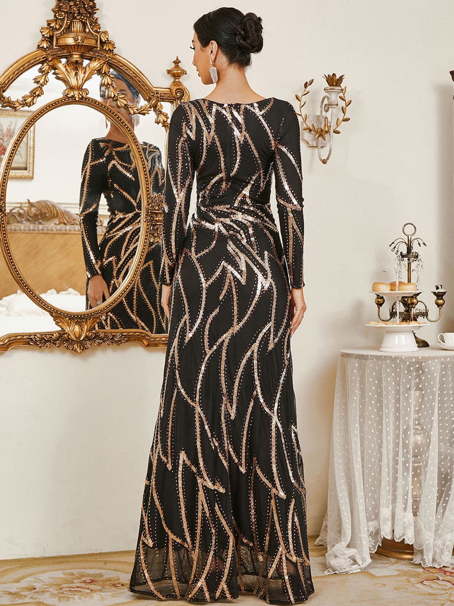A-Line Long Sleeve Sequin Black Evening Dress
