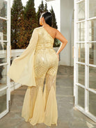 MISSORD Plus Size Panel One Shoulder Sequin Yellow Jumpsuits