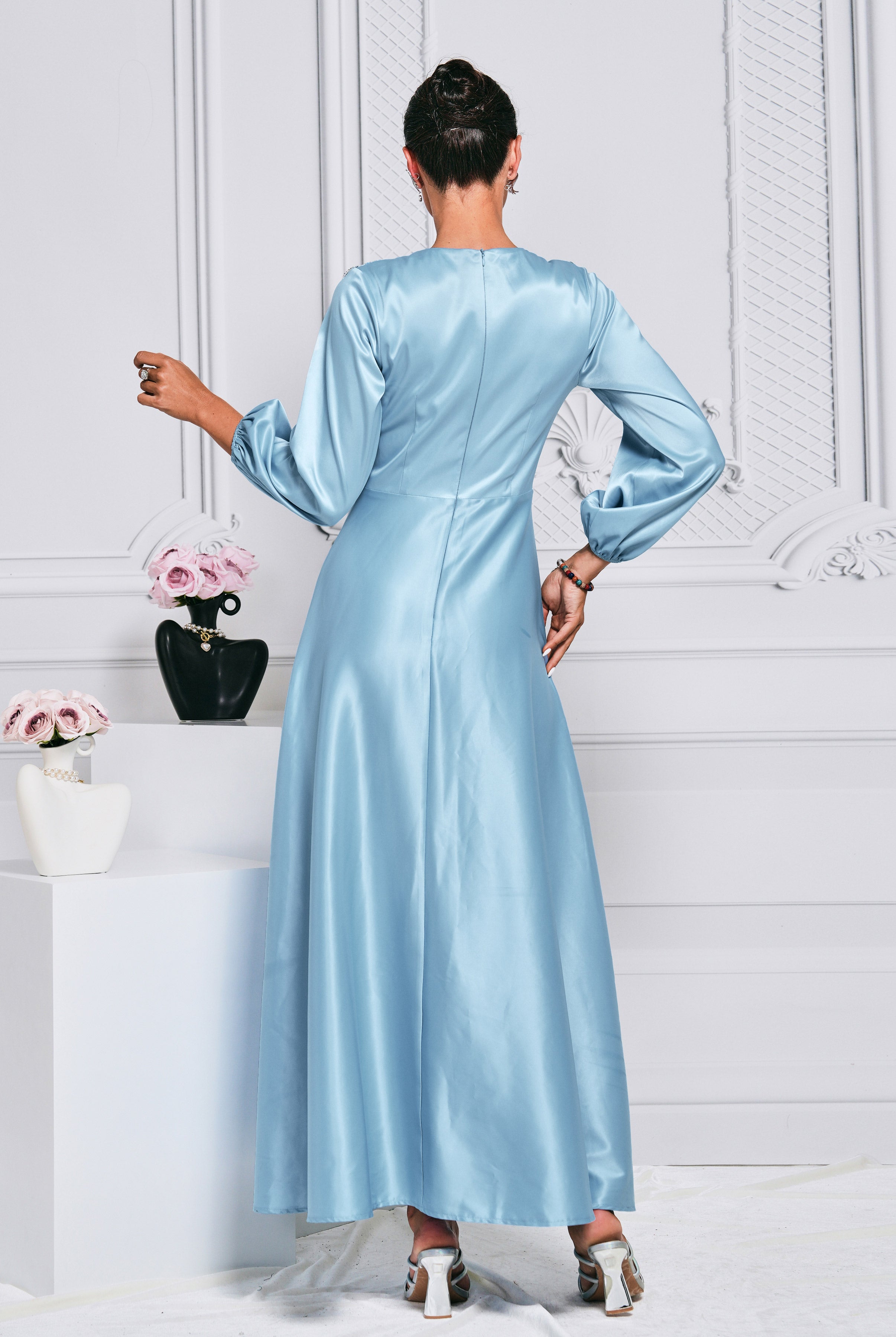 Puff Sleeve Blue A-line Satin Dress
