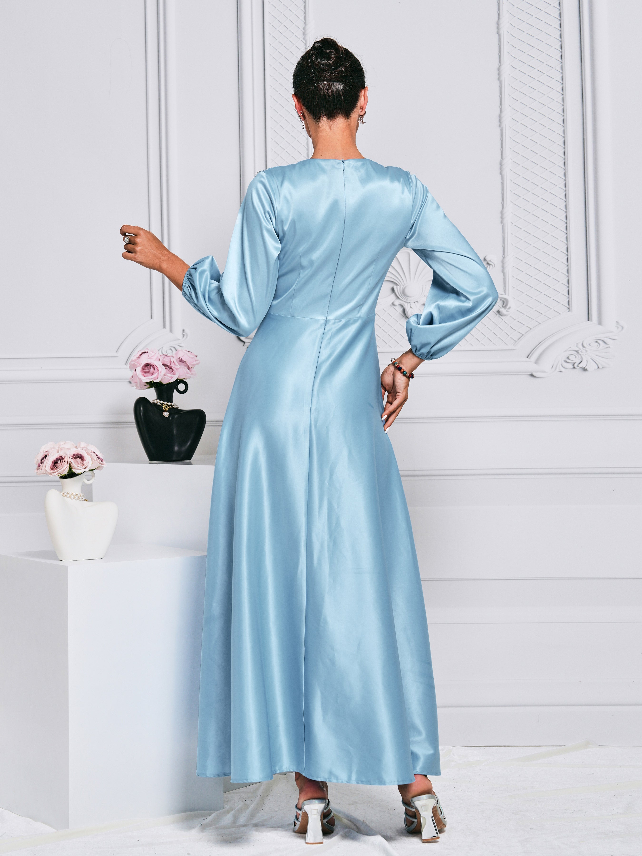 Puff Sleeve Blue A-line Satin Dress