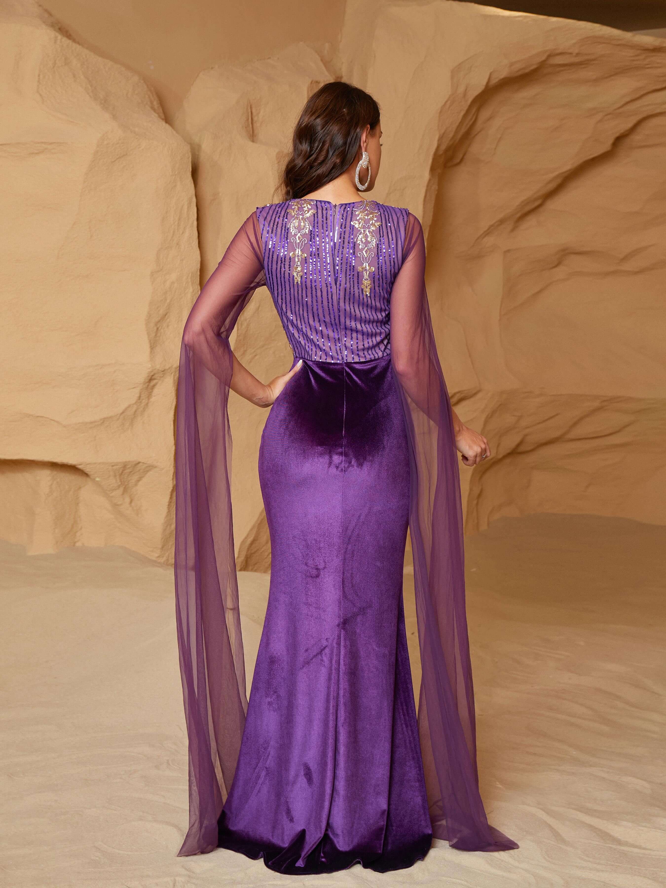 V-neck Panel Sequin Velvet Purple Prom Dress RJ10926