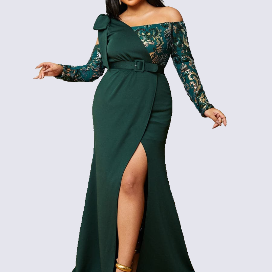 Plus Size Strapless Colorblock Emerald Green Gown