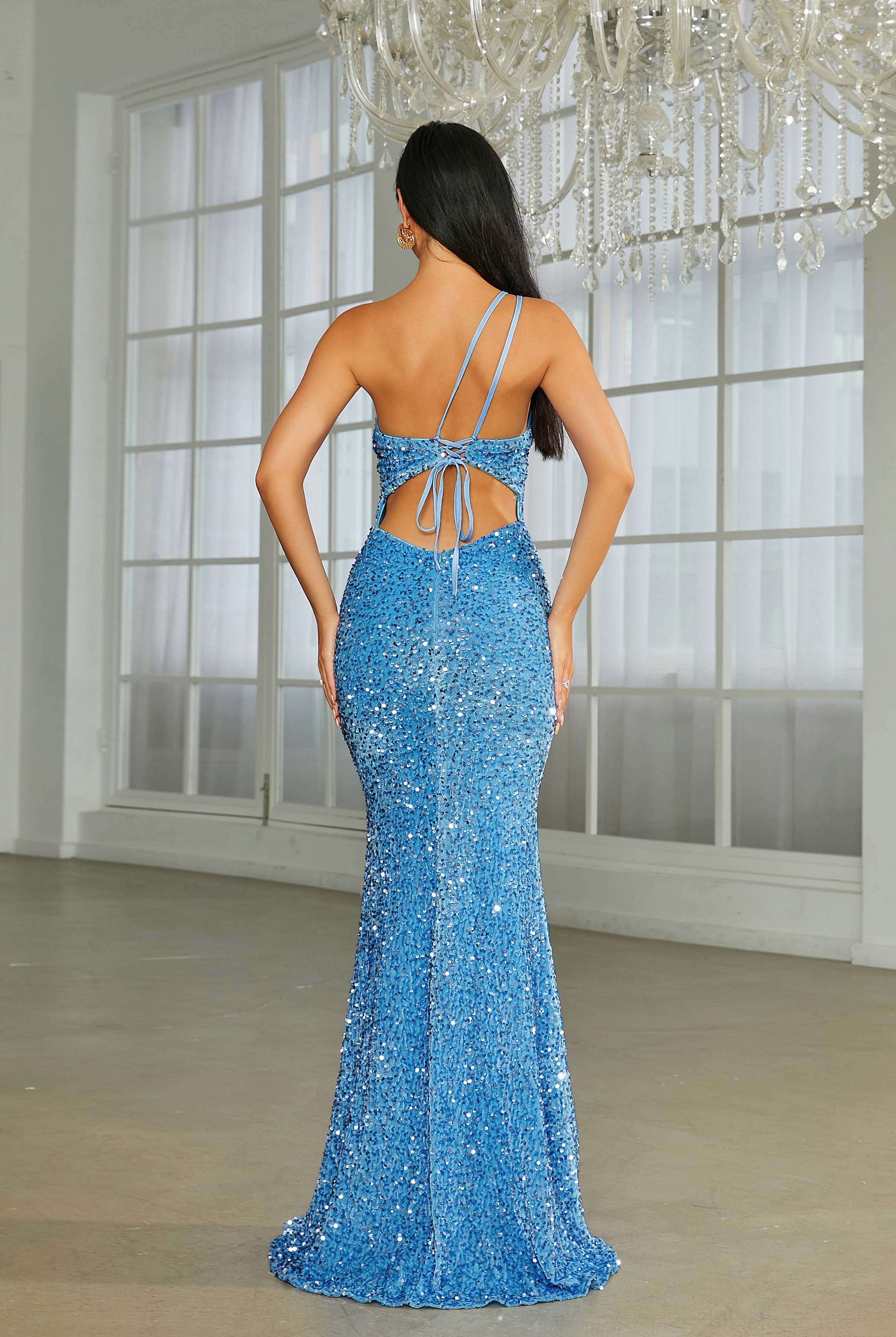 High Split Cutout Blue Sequin Prom Dress