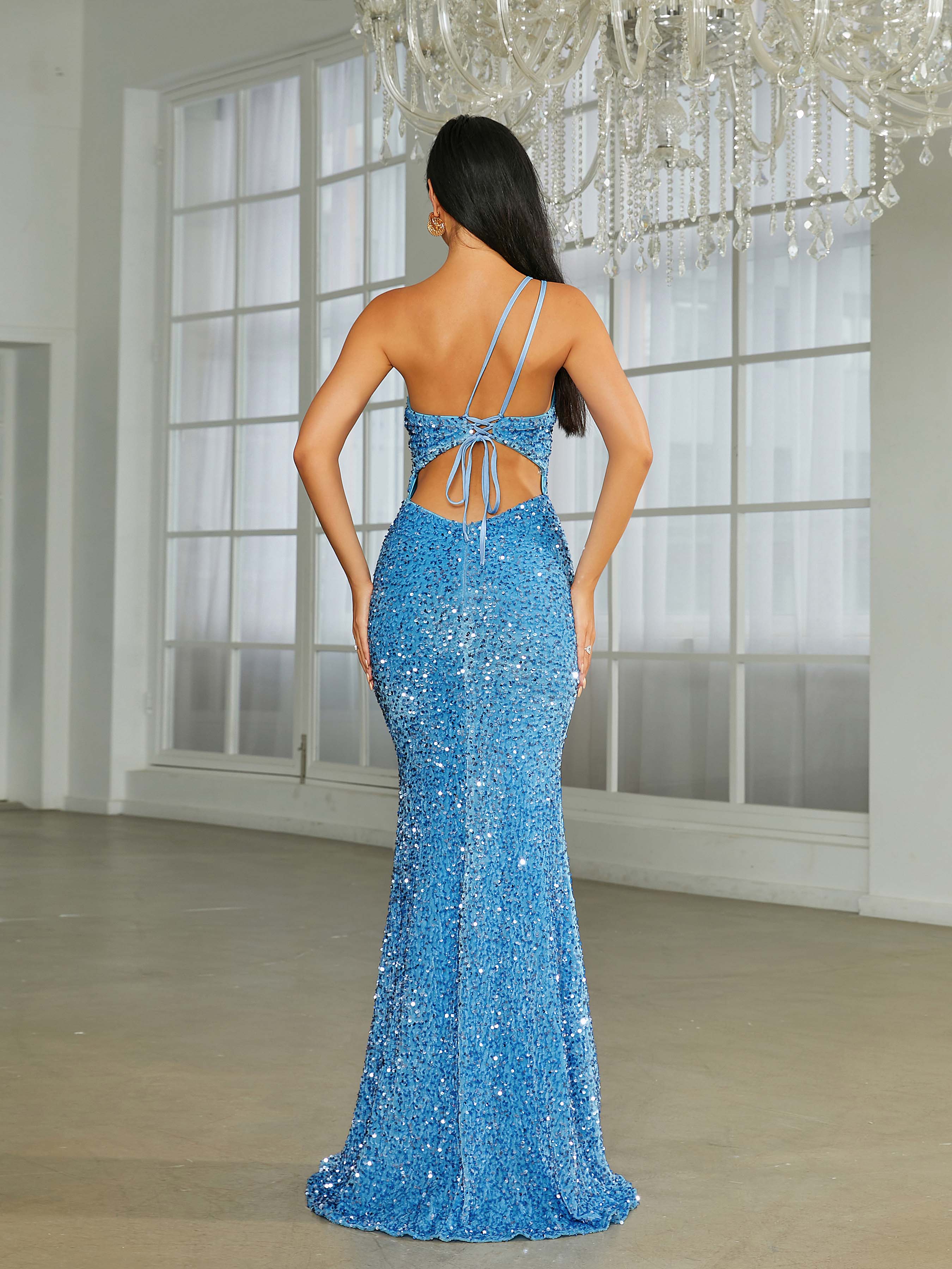 High Split Cutout Blue Sequin Prom Dress