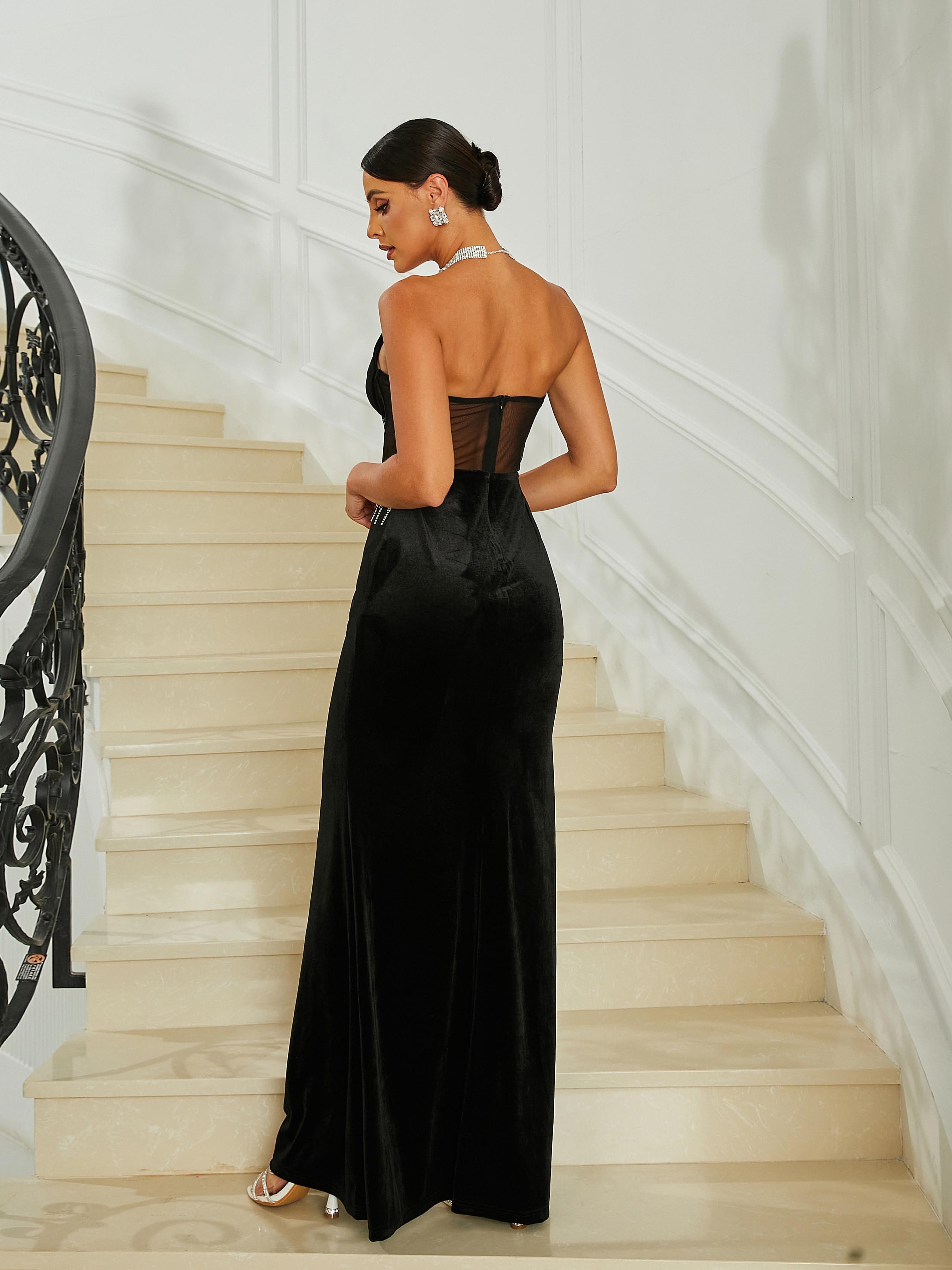 Formal Strapless Corset Fringe Black Velvet Prom Dress RJ10506 MISS ORD
